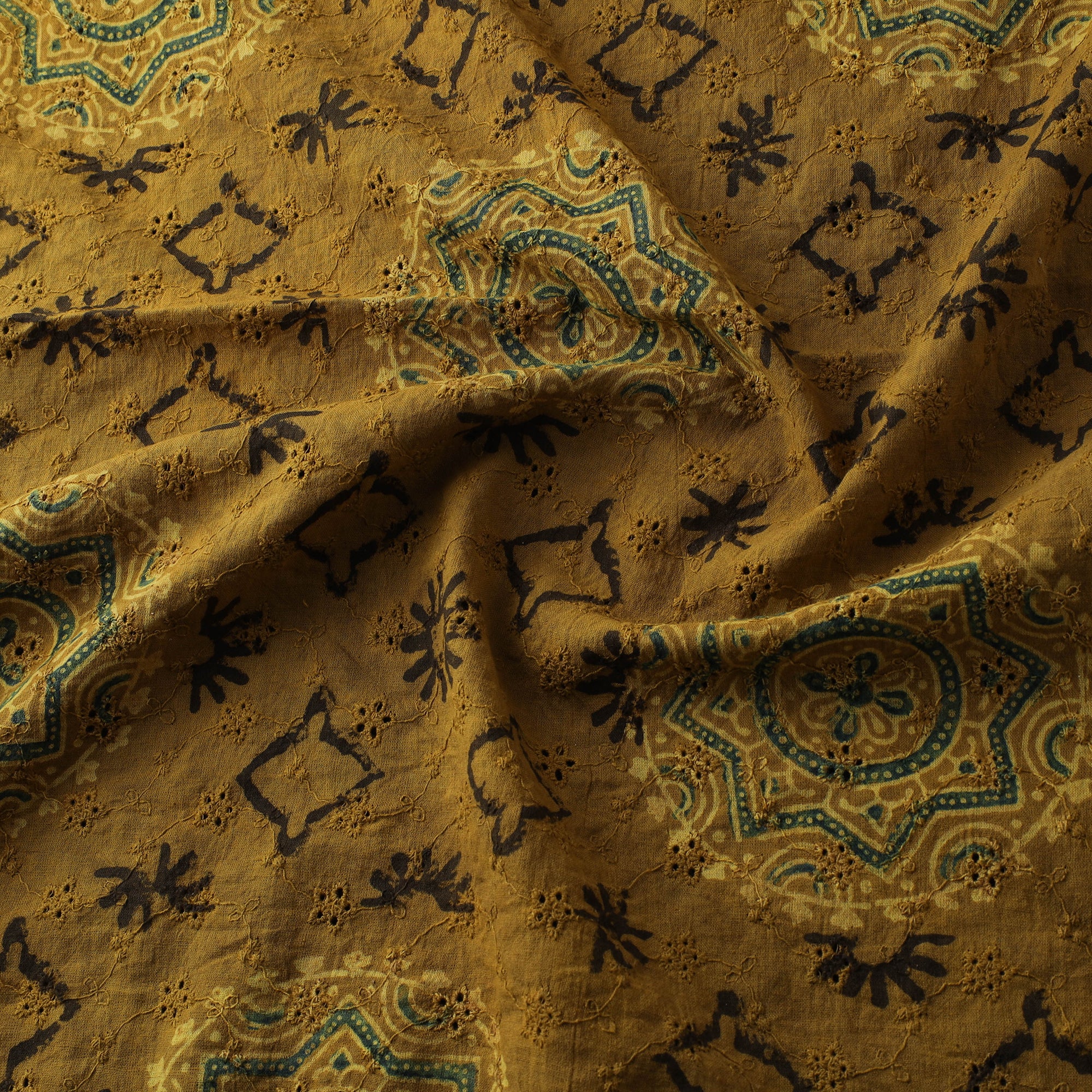 Yellow - Hakoba Hand Block Ajrakh Print Natural Dyed Cotton Fabric 121 - Image 3