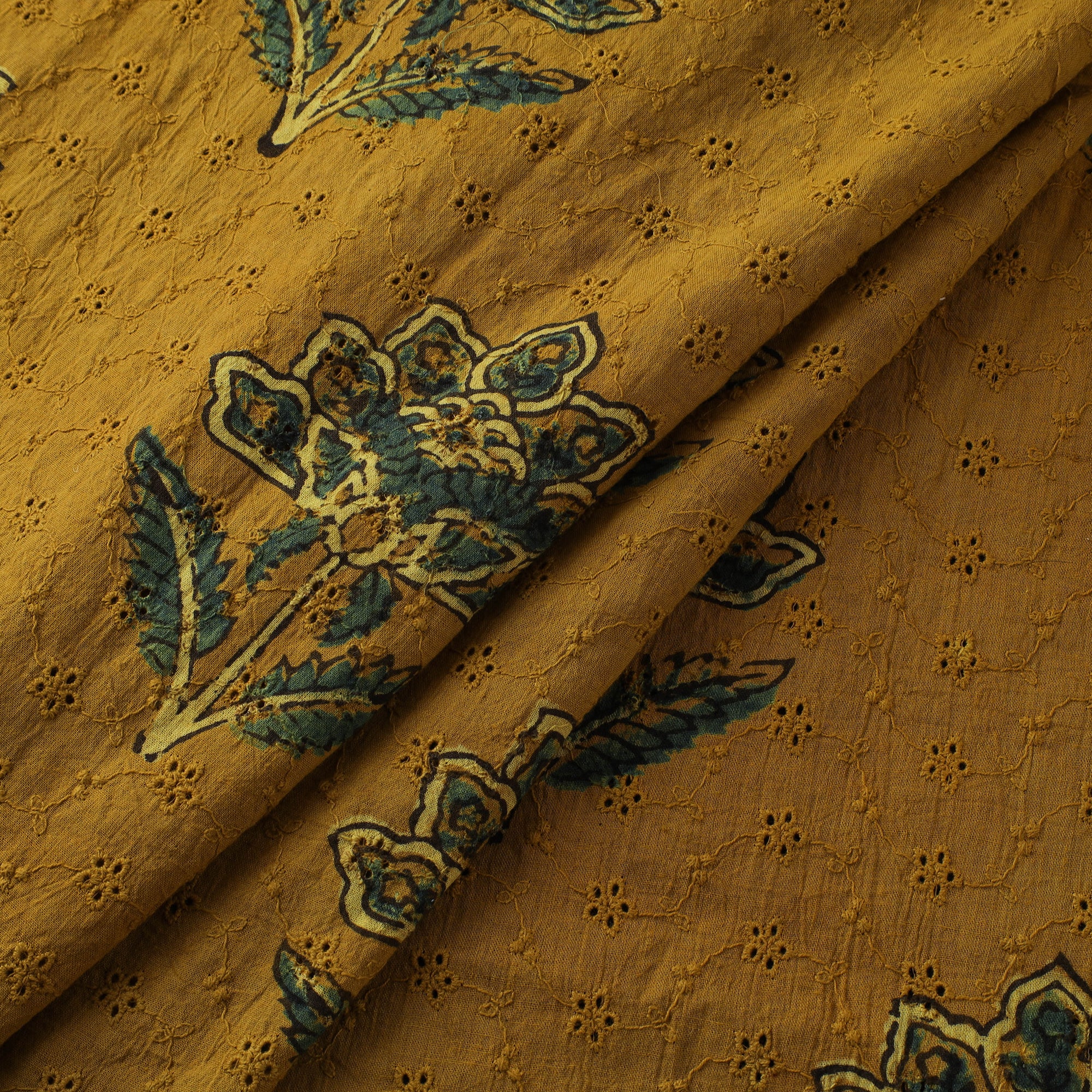 Yellow - Hakoba Hand Block Ajrakh Print Natural Dyed Cotton Fabric 124