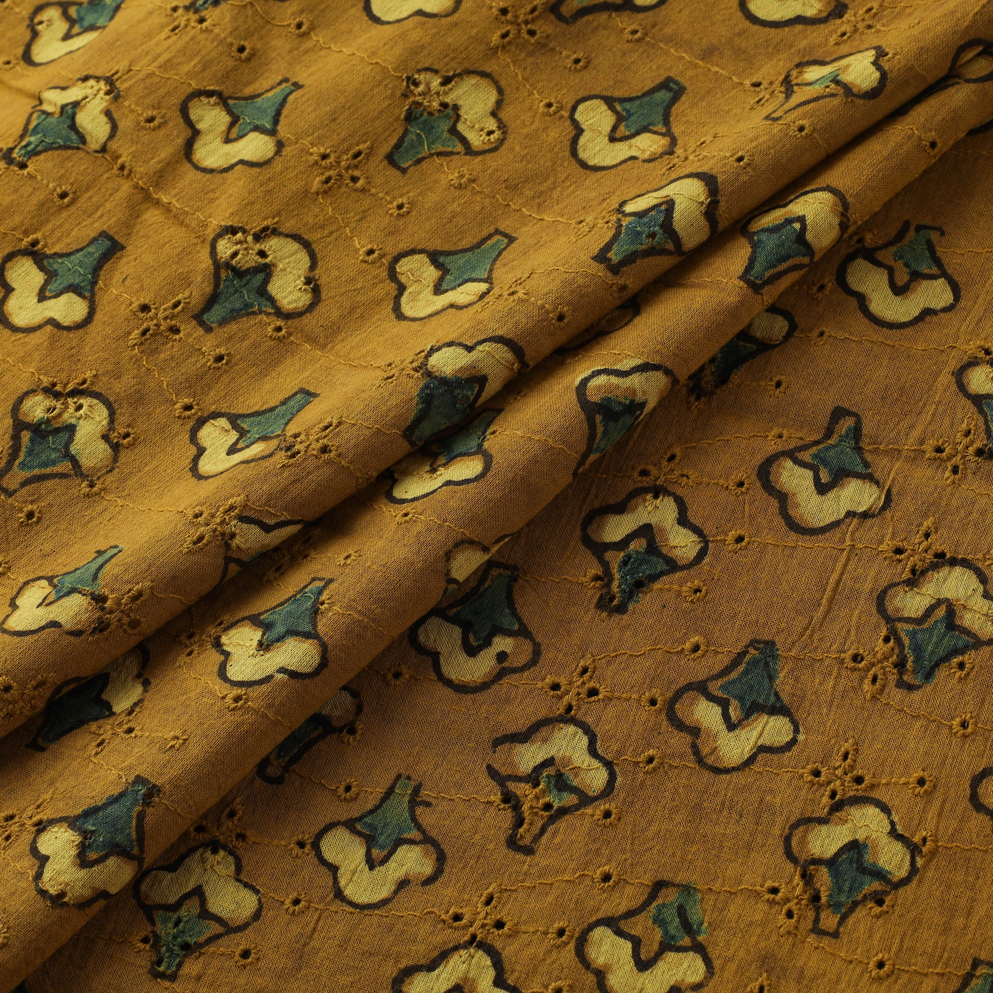 Yellow - Hakoba Hand Block Ajrakh Print Natural Dyed Cotton Fabric 126