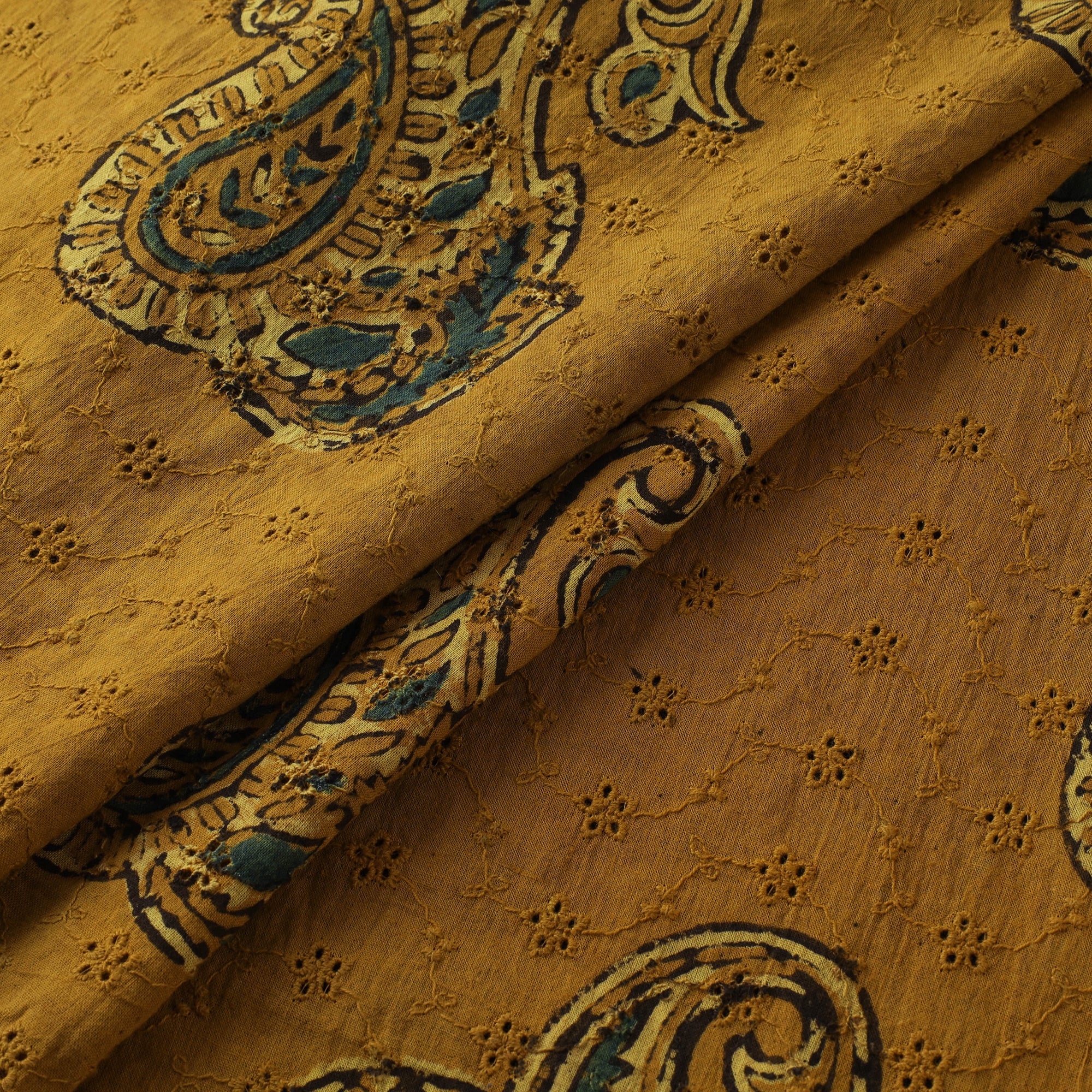 Yellow - Hakoba Hand Block Ajrakh Print Natural Dyed Cotton Fabric 127