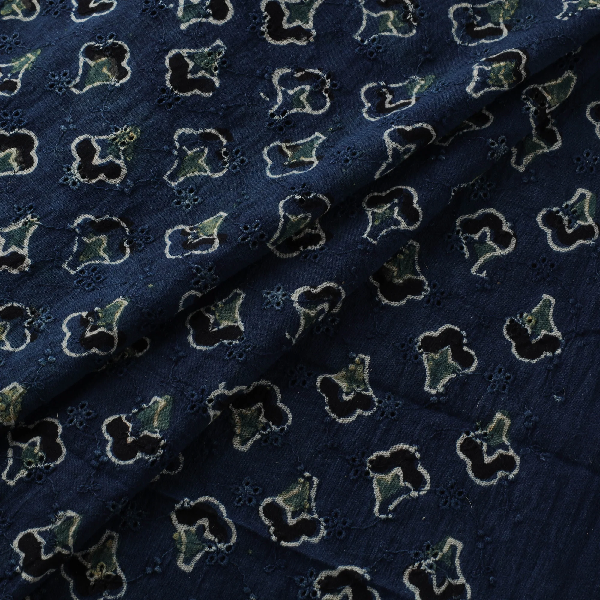 Blue - Hakoba Hand Block Ajrakh Print Natural Dyed Cotton Fabric 130
