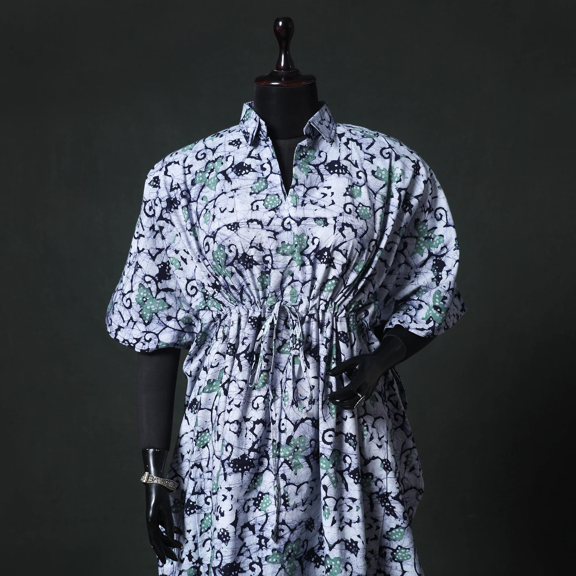 Blue - Hand Block Batik Print Cotton Kaftan (Long) 06 - Image 2