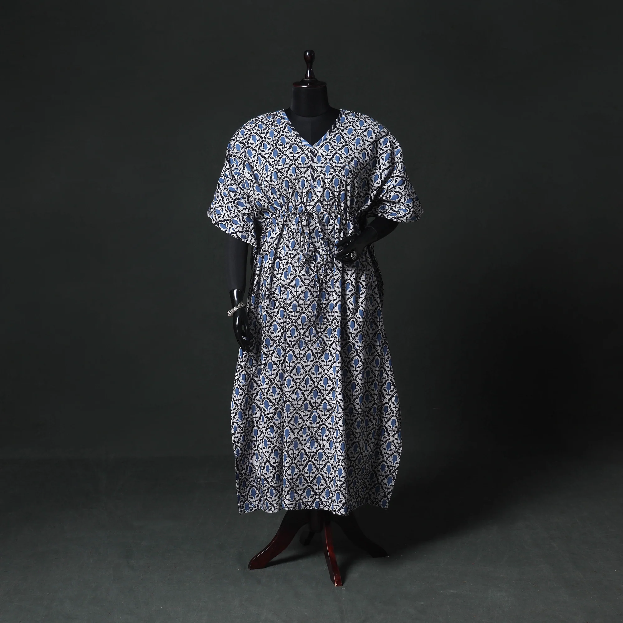 Blue - Hand Block Batik Print Cotton Kaftan (Long) 10