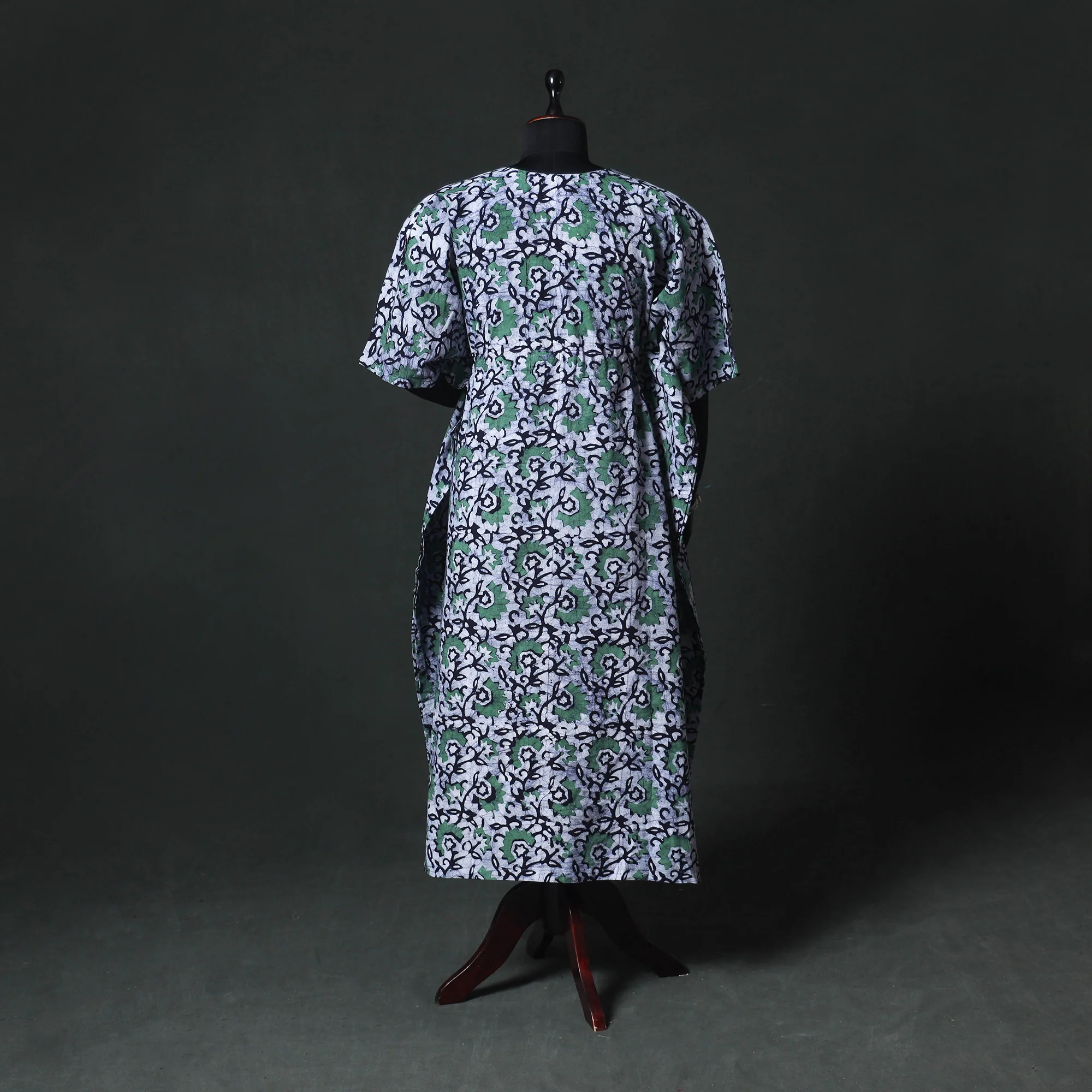 Green - Hand Block Batik Print Cotton Kaftan (Long) 12 - Image 5