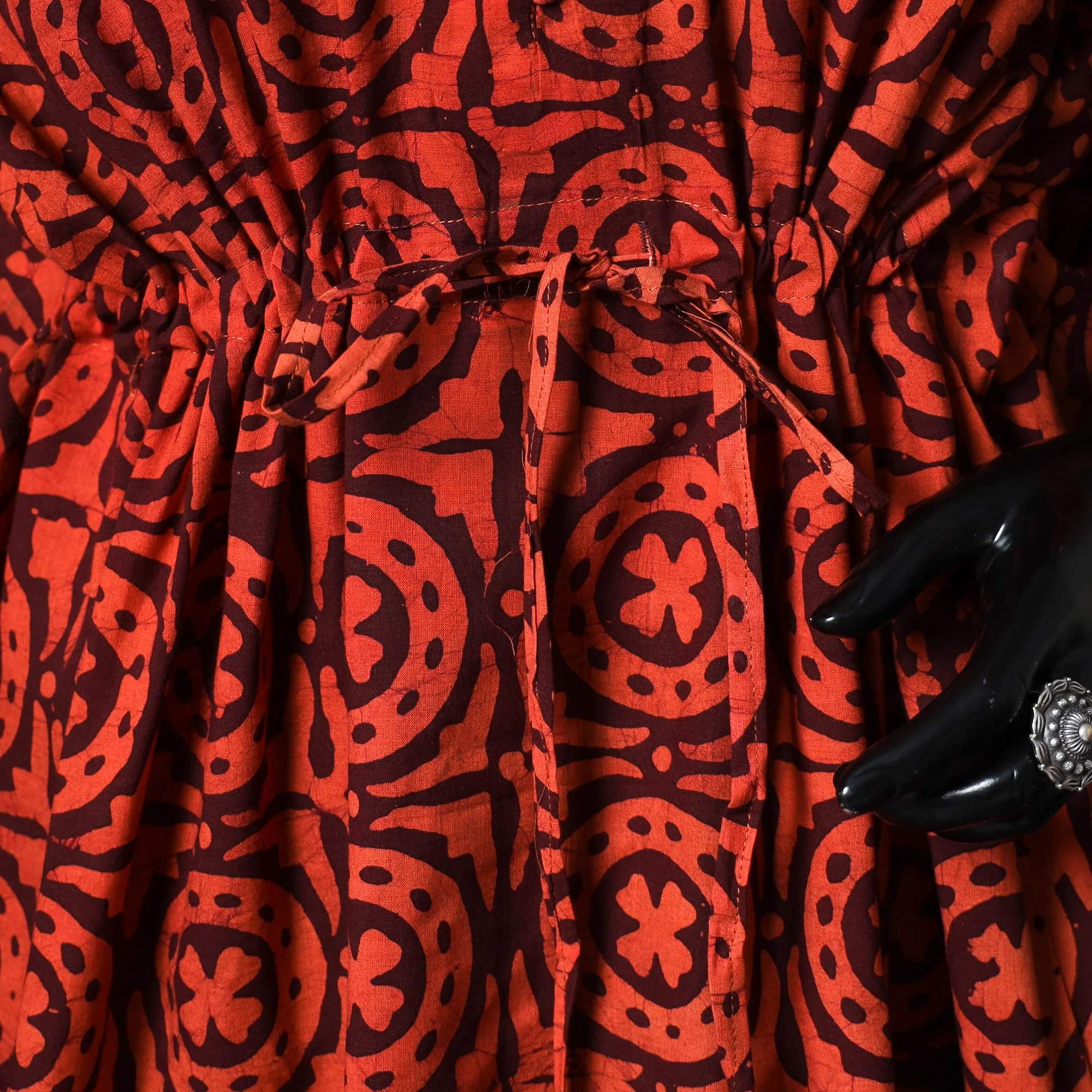 Red - Hand Block Batik Print Cotton Kaftan (Long) 14 - Image 3