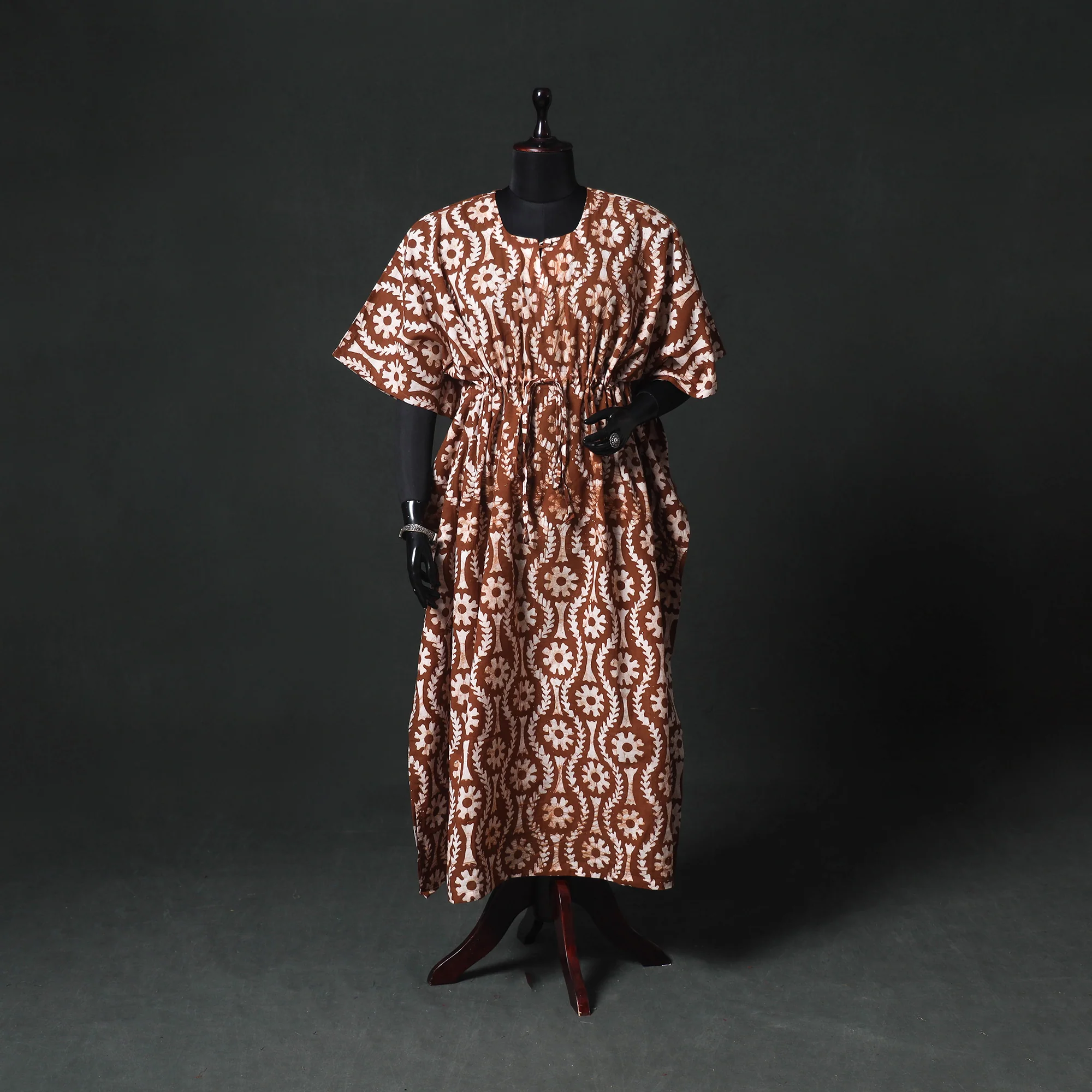 Brown - Hand Block Batik Print Cotton Kaftan (Long) 15