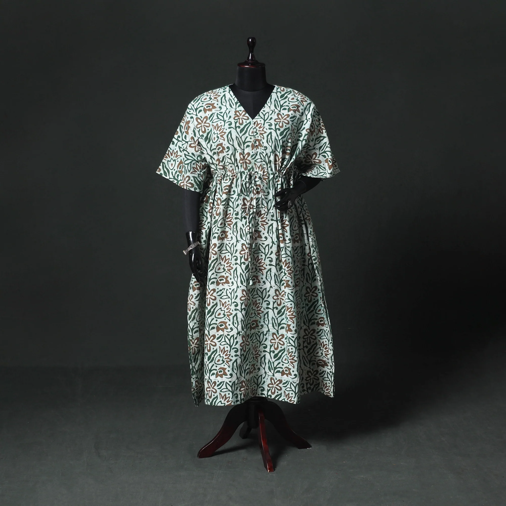 Green - Hand Block Batik Print Cotton Kaftan (Long) 17