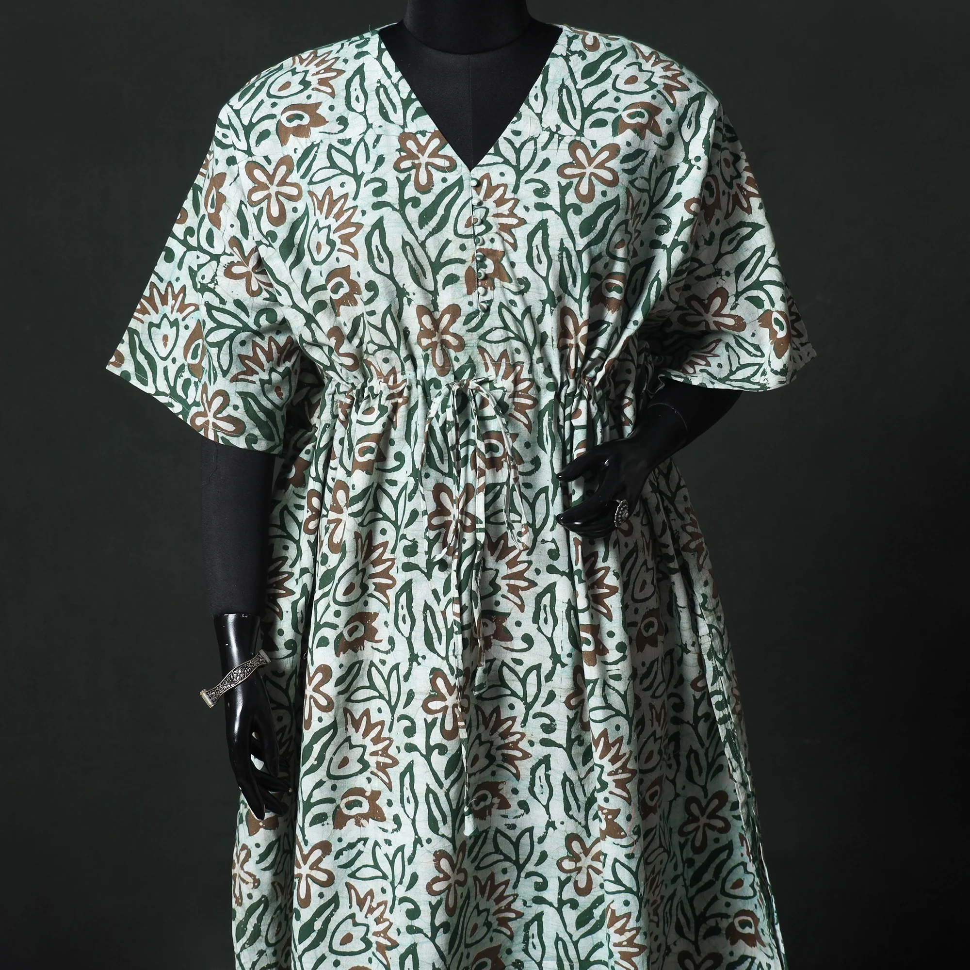 Green - Hand Block Batik Print Cotton Kaftan (Long) 17 - Image 2