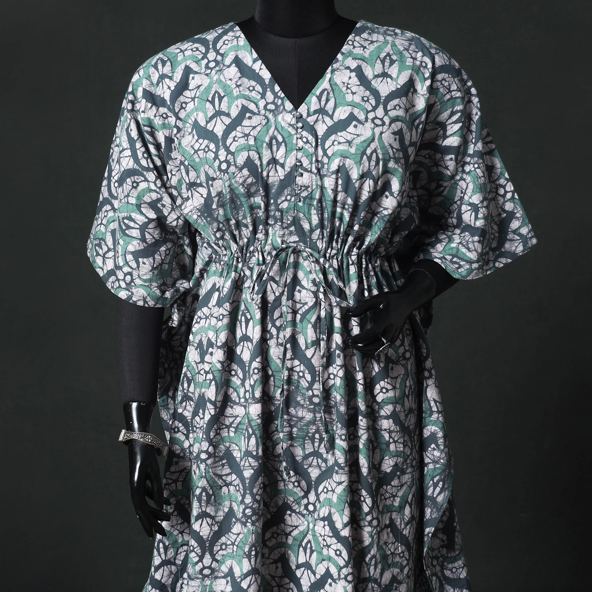 Green - Hand Block Batik Print Cotton Kaftan (Long) 18 - Image 2