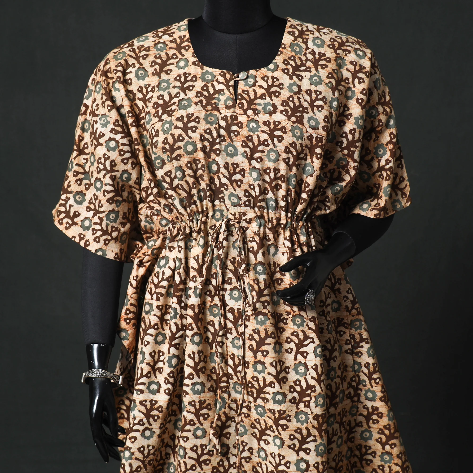Brown - Hand Block Batik Print Cotton Kaftan (Long) 19 - Image 2