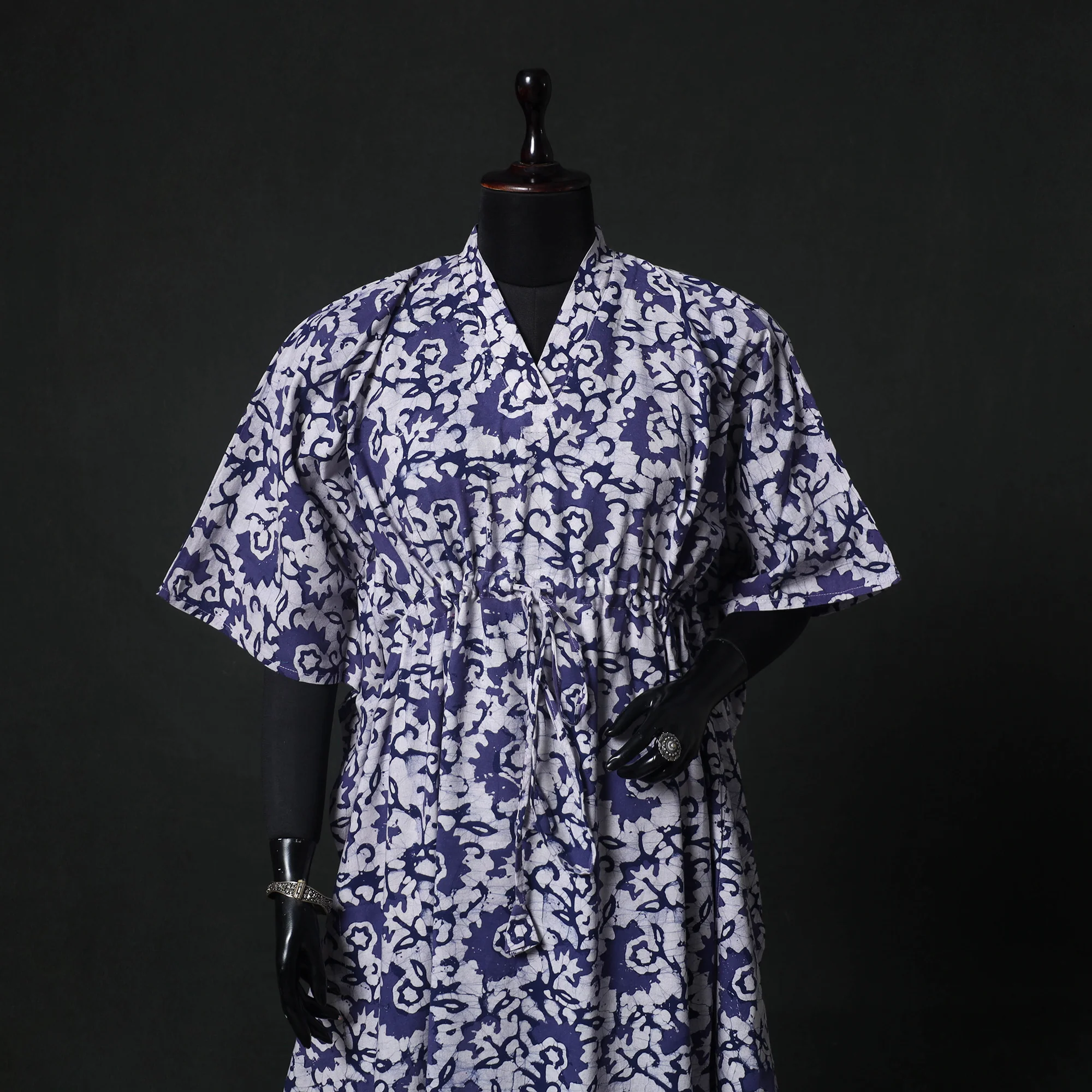 Blue - Hand Block Batik Print Cotton Kaftan (Long) 23 - Image 2