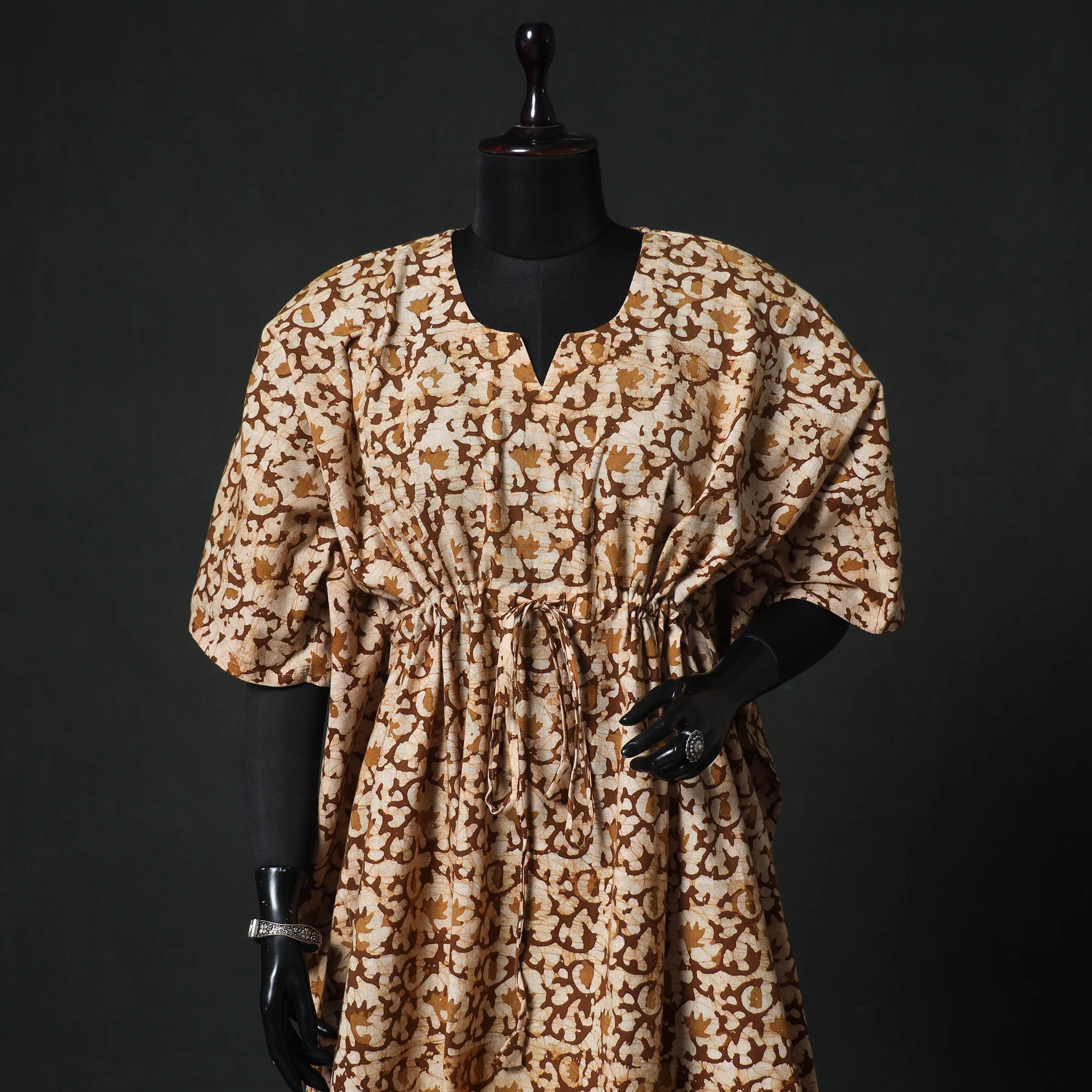Brown - Hand Block Batik Print Cotton Kaftan (Medium) 60 - Image 2