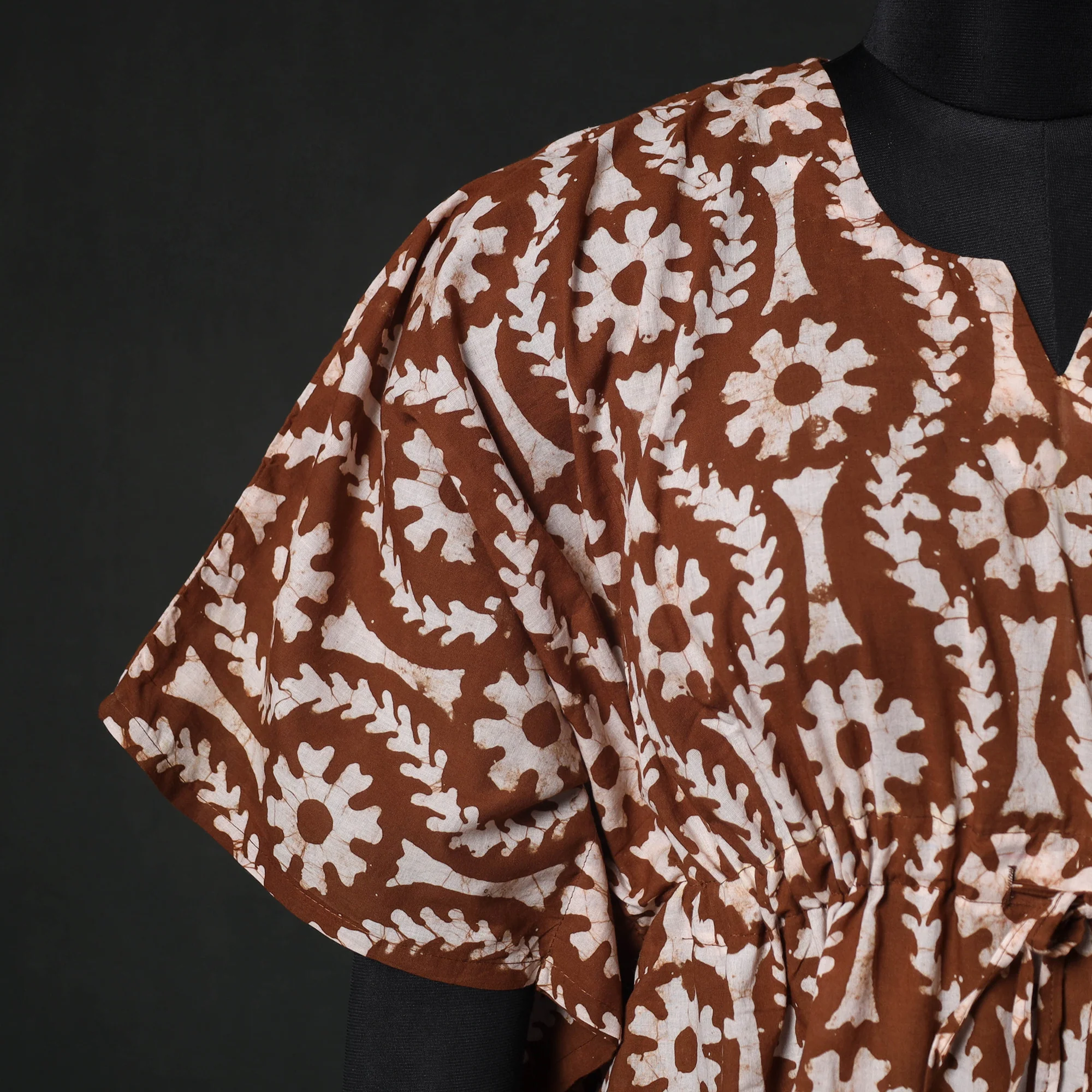 Brown - Hand Block Batik Print Cotton Kaftan (Medium) 62 - Image 4
