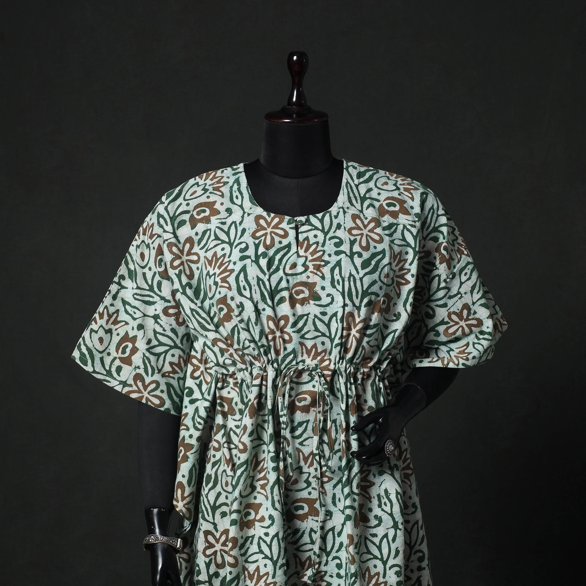 Green - Hand Block Batik Print Cotton Kaftan (Medium) 64 - Image 2