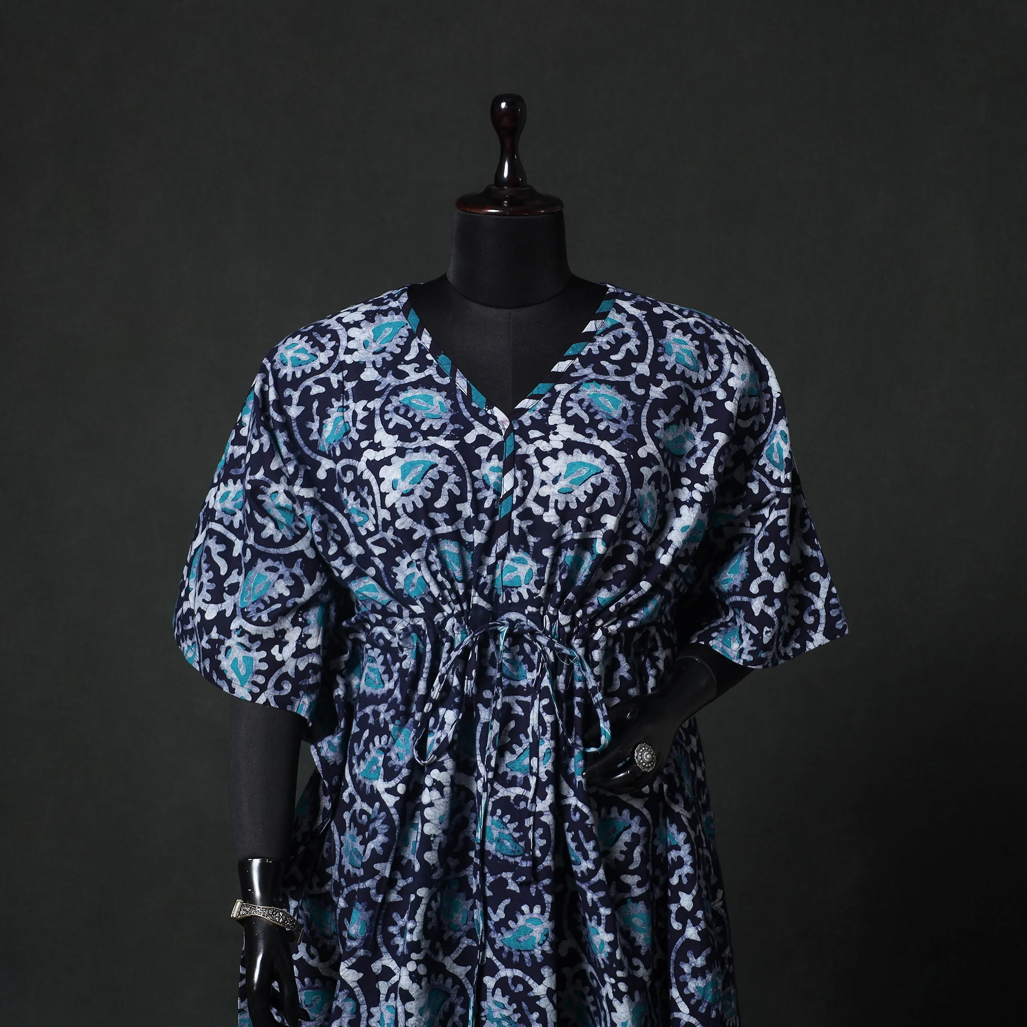 Blue - Hand Block Batik Print Cotton Kaftan (Medium) 65 - Image 2