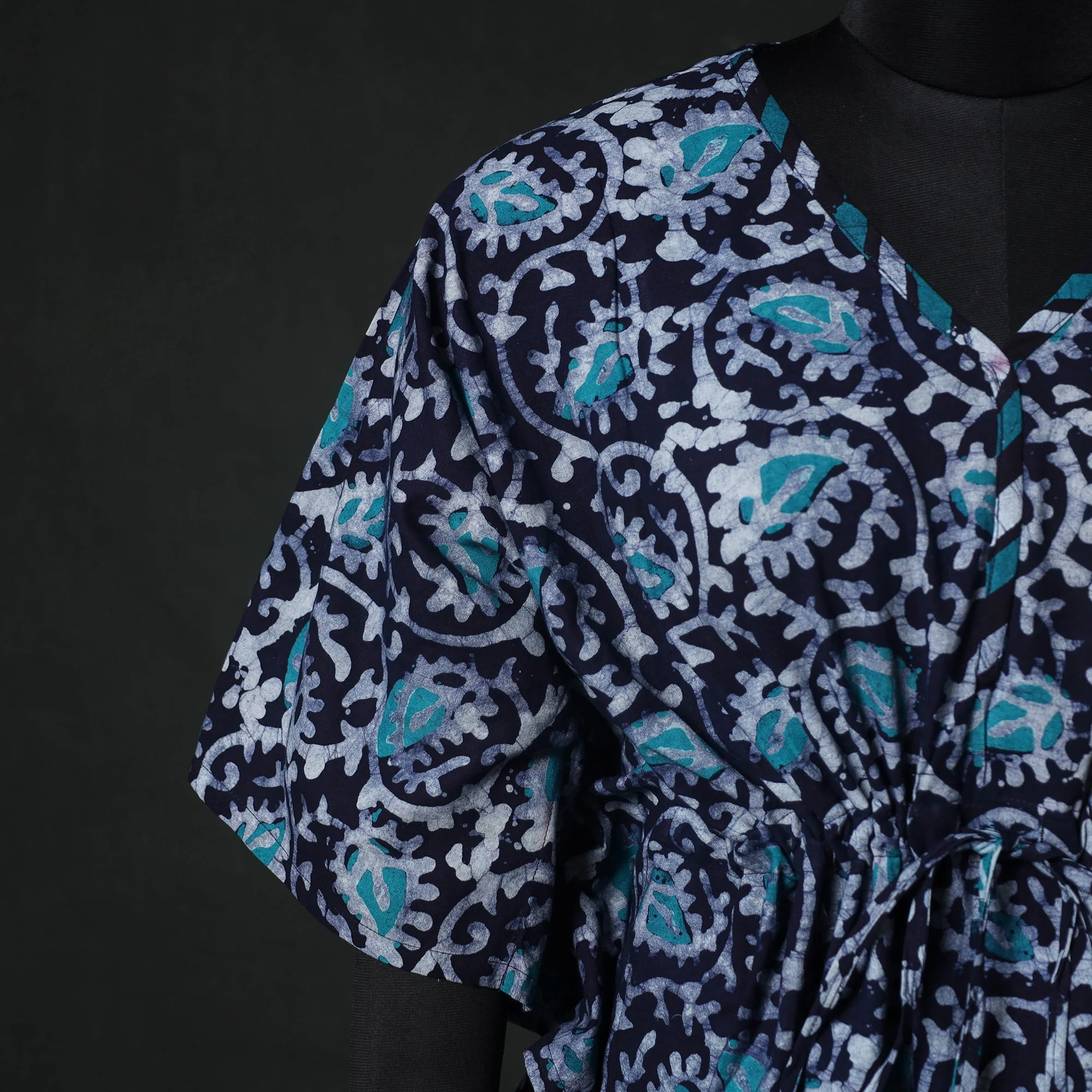 Blue - Hand Block Batik Print Cotton Kaftan (Medium) 65 - Image 4