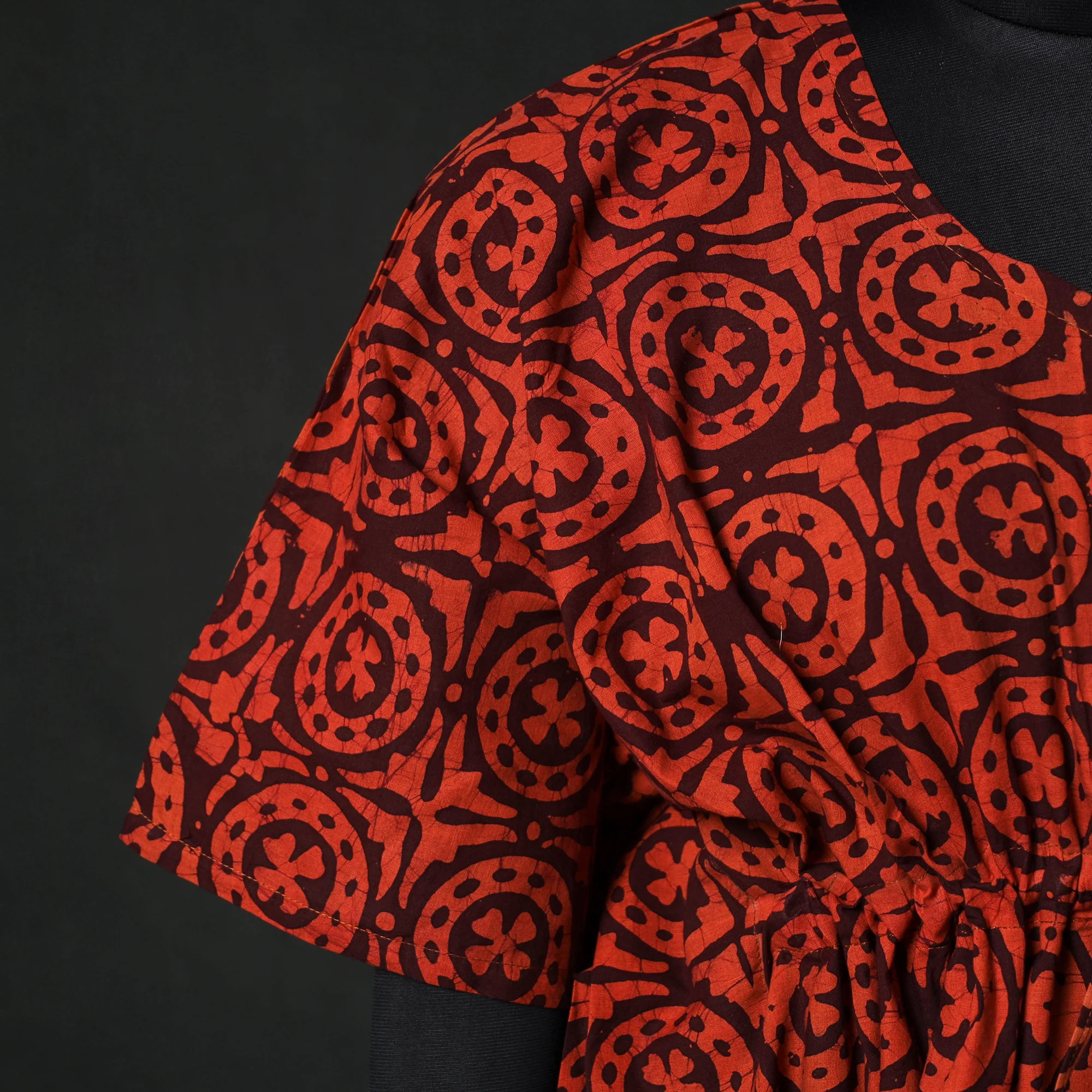 Red - Hand Block Batik Print Cotton Kaftan (Medium) 67 - Image 4