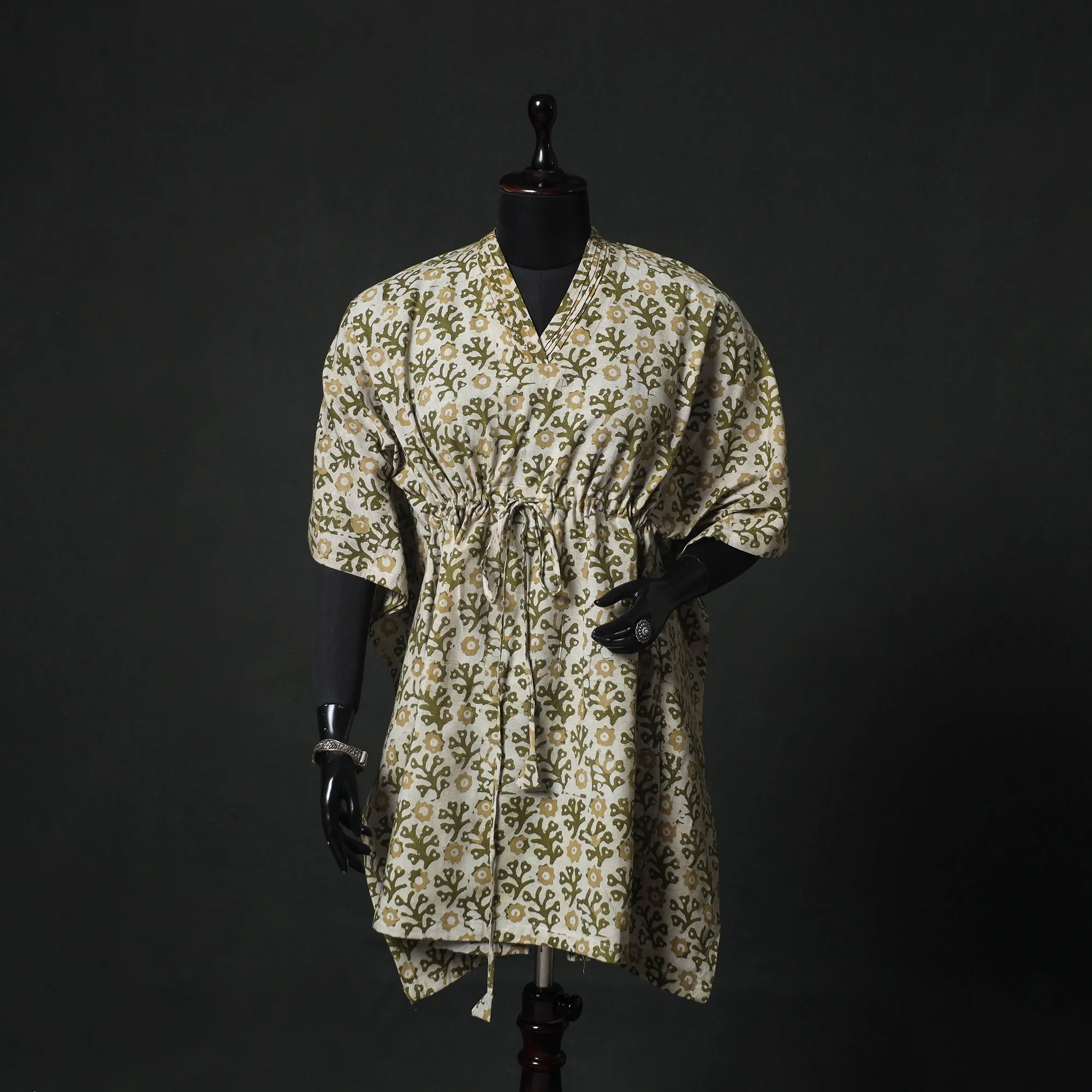 Green - Hand Block Batik Print Cotton Kaftan (Medium) 75