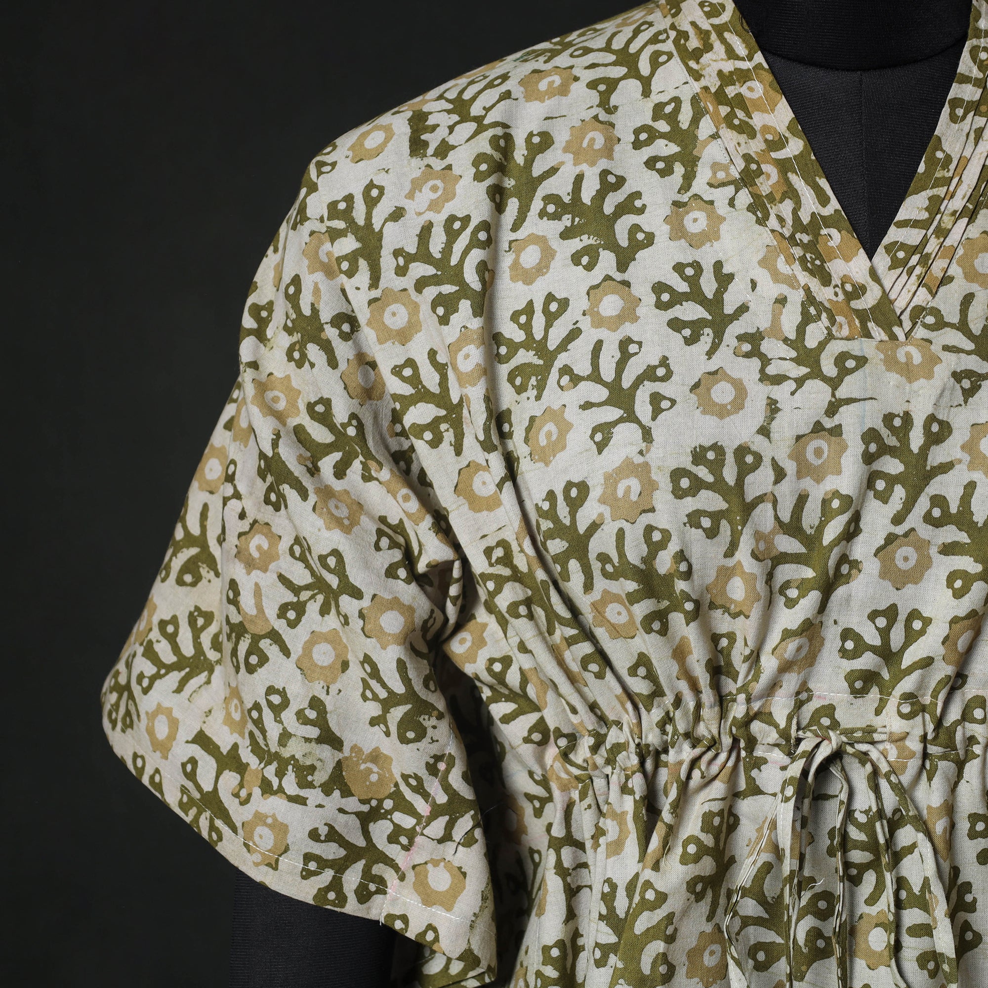 Green - Hand Block Batik Print Cotton Kaftan (Medium) 75 - Image 3