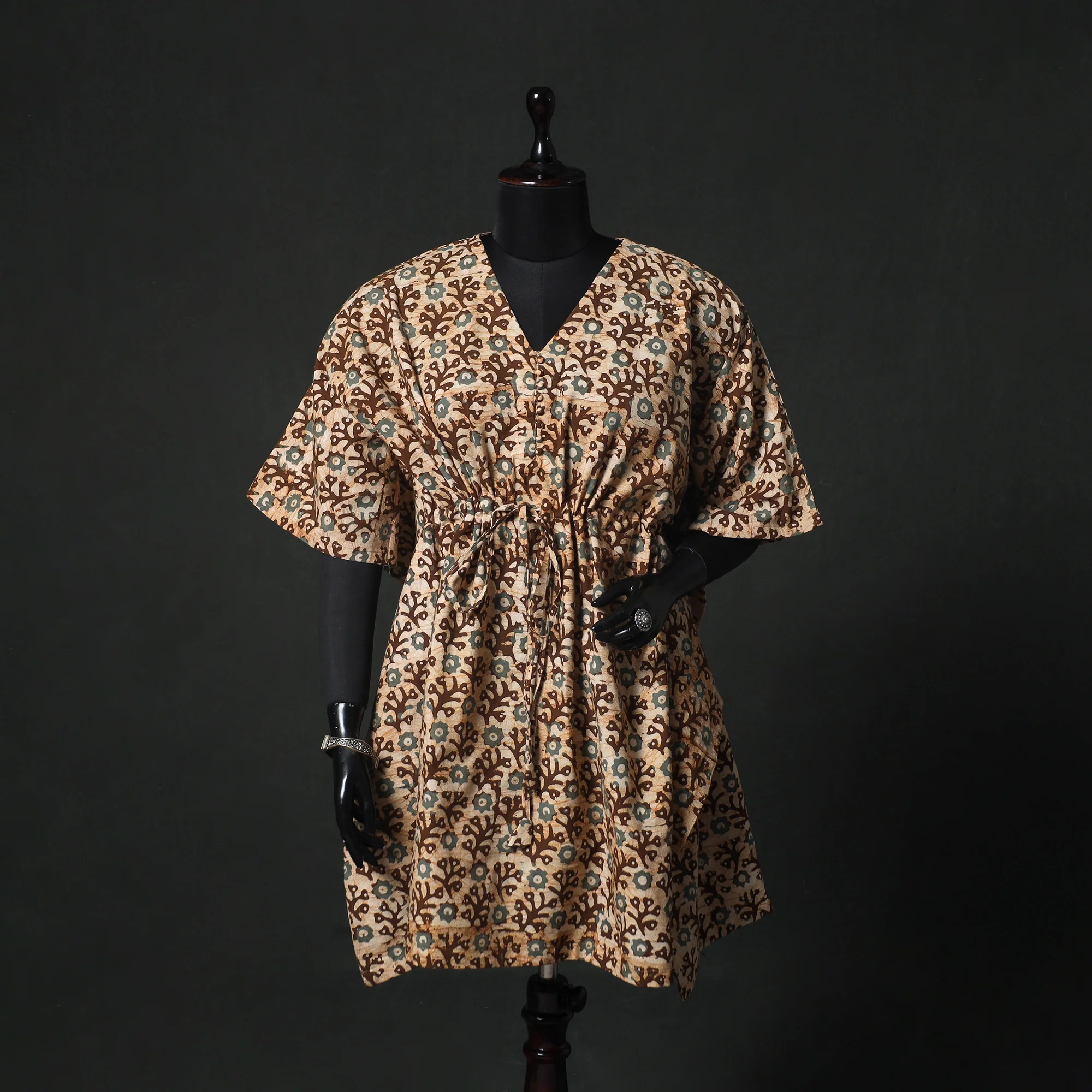 Brown - Hand Block Batik Print Cotton Kaftan (Medium) 76