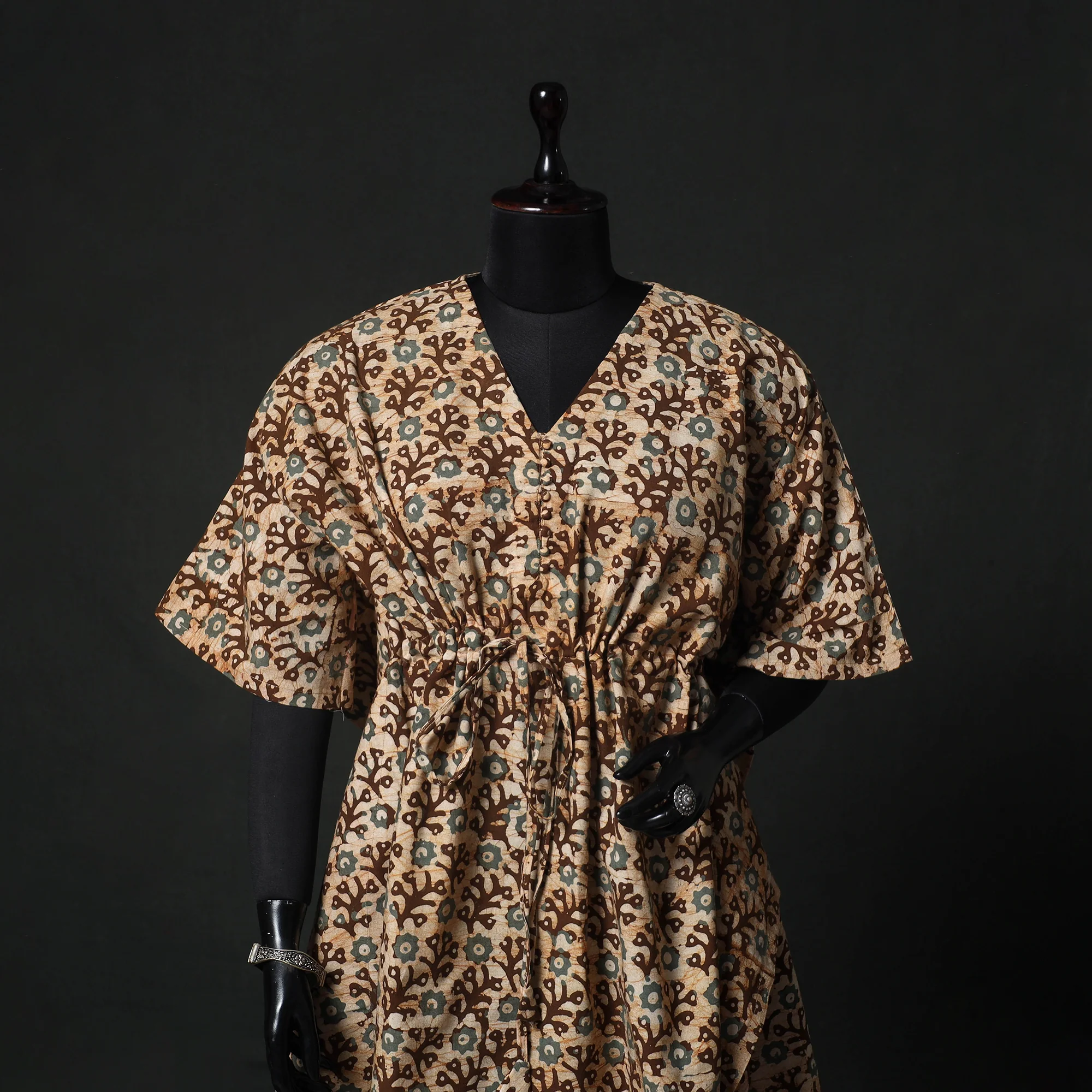 Brown - Hand Block Batik Print Cotton Kaftan (Medium) 76 - Image 2