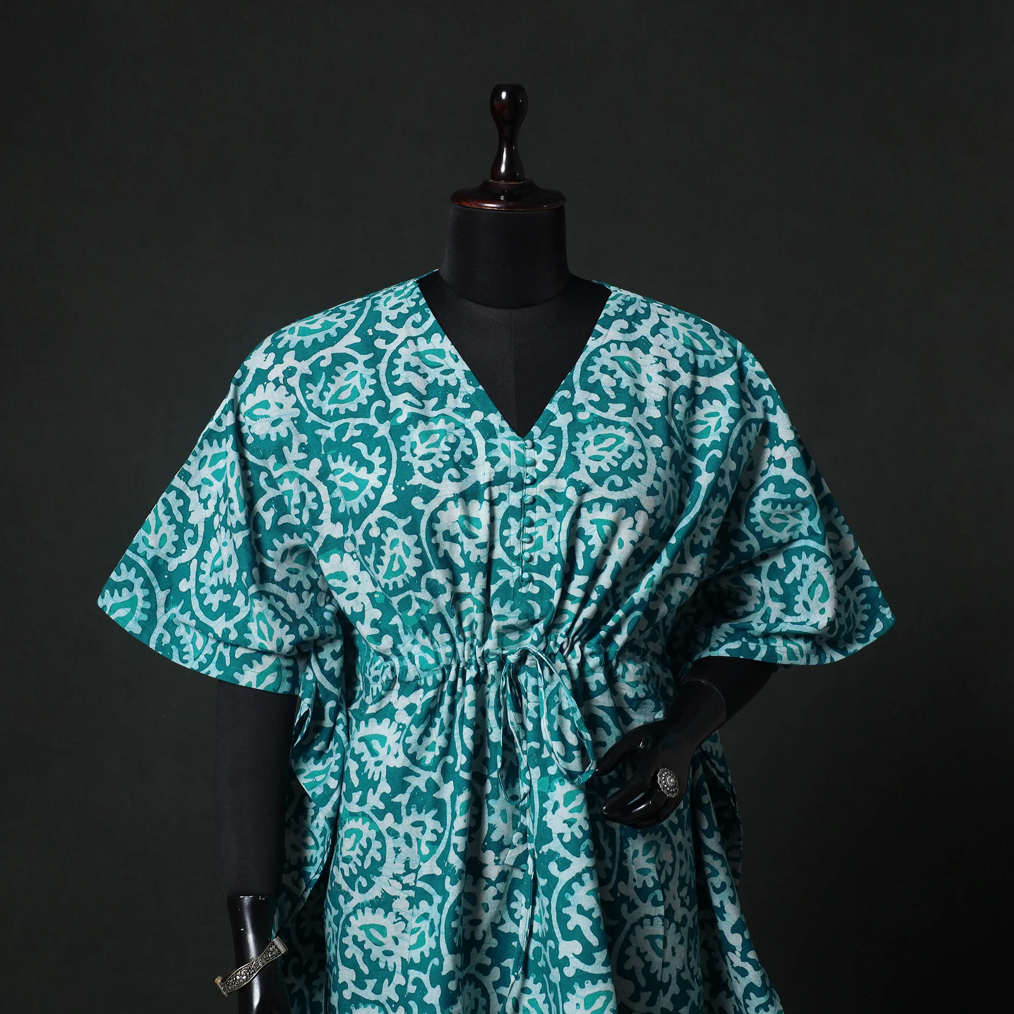 Green - Hand Block Batik Print Cotton Kaftan (Short) 31 - Image 2