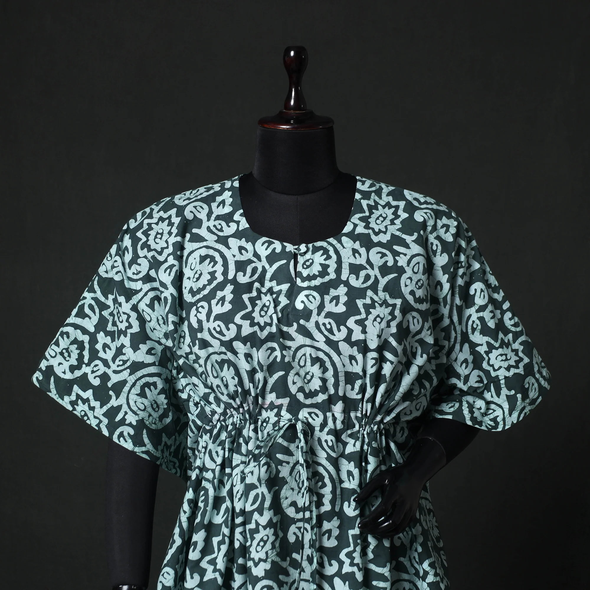 Green - Hand Block Batik Print Cotton Kaftan (Short) 33 - Image 2