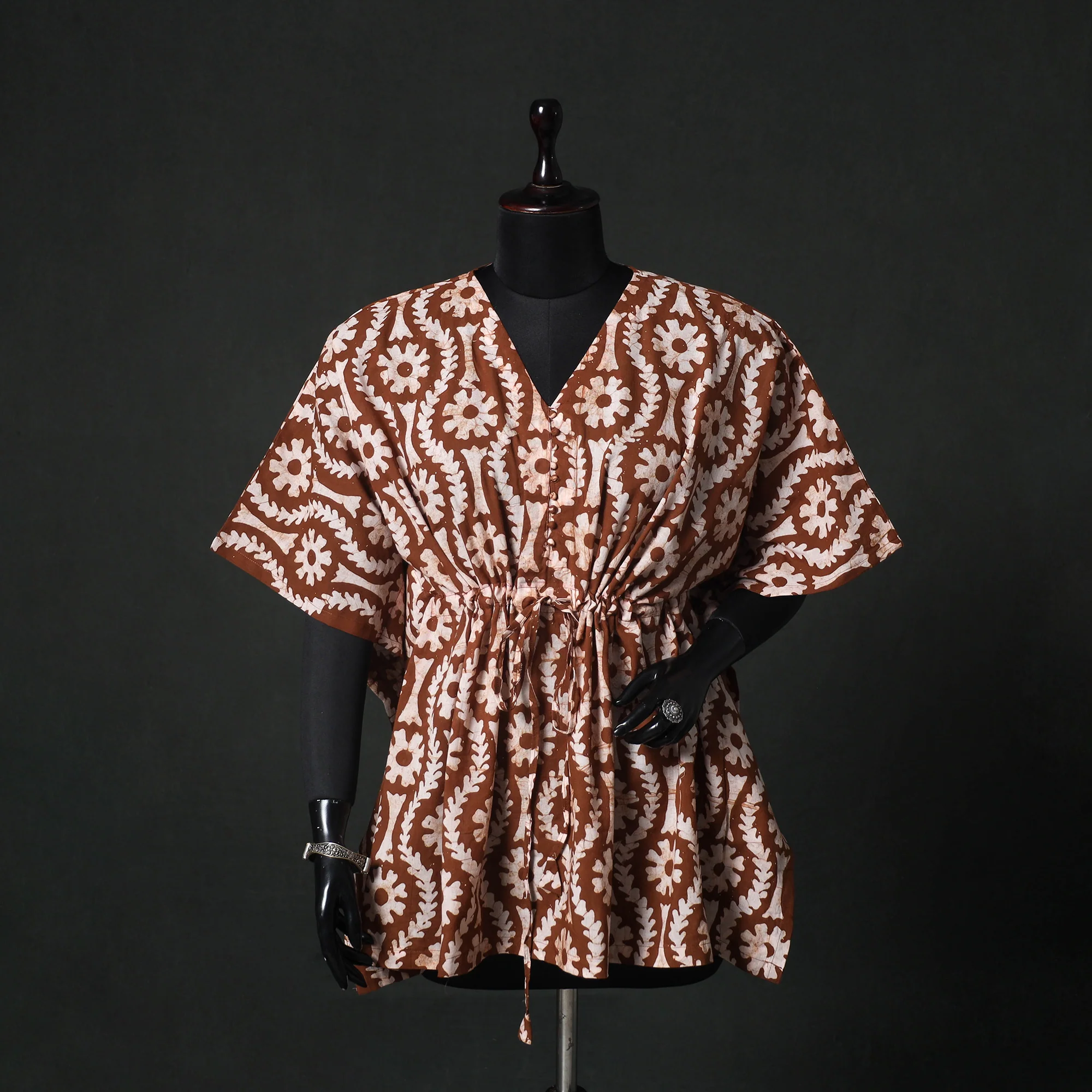 Brown - Hand Block Batik Print Cotton Kaftan (Short) 34