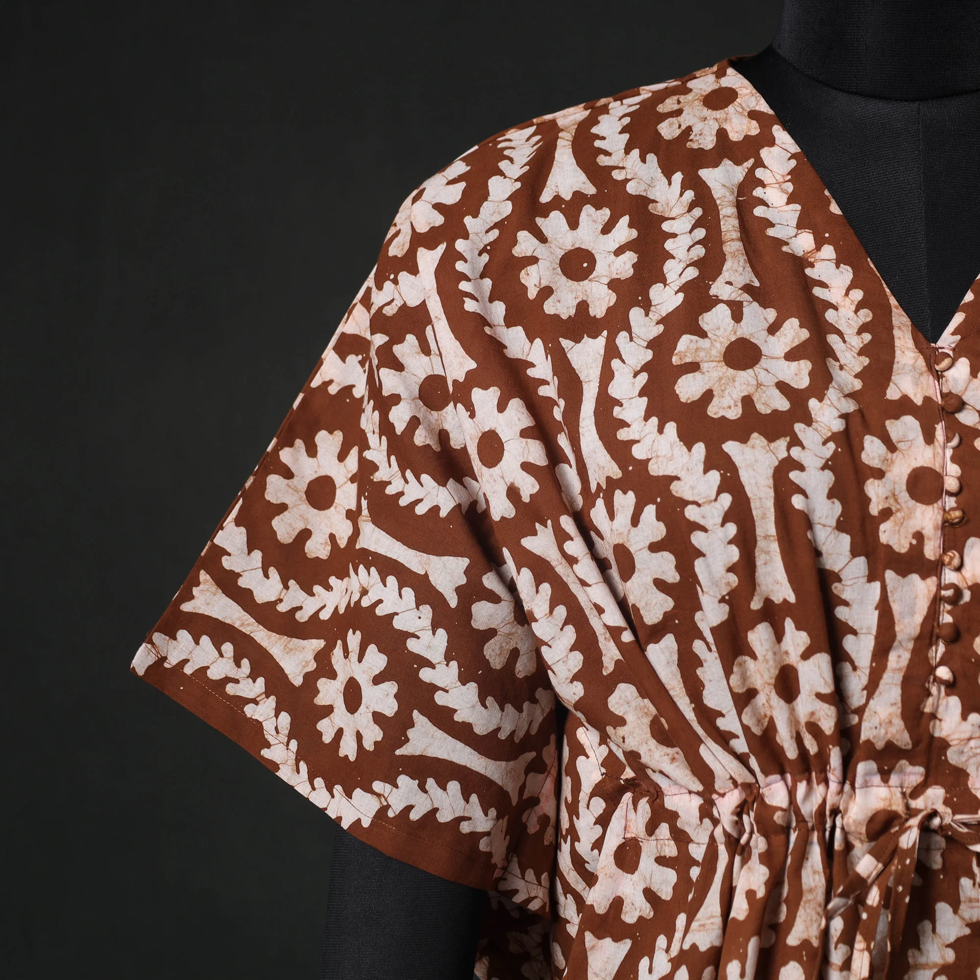 Brown - Hand Block Batik Print Cotton Kaftan (Short) 34 - Image 4