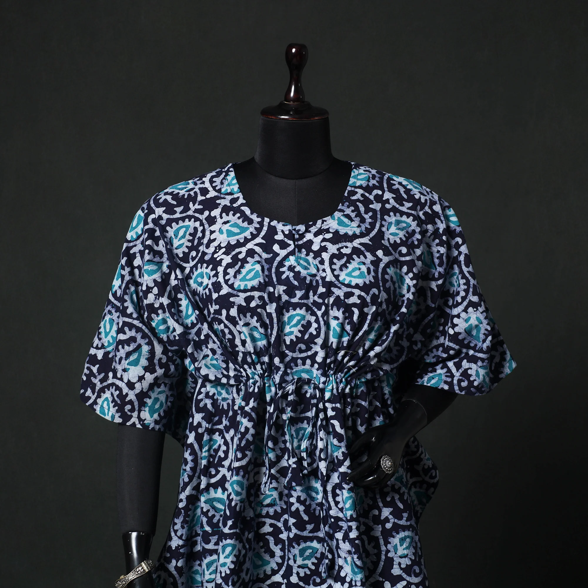 Blue - Hand Block Batik Print Cotton Kaftan (Short) 36 - Image 2