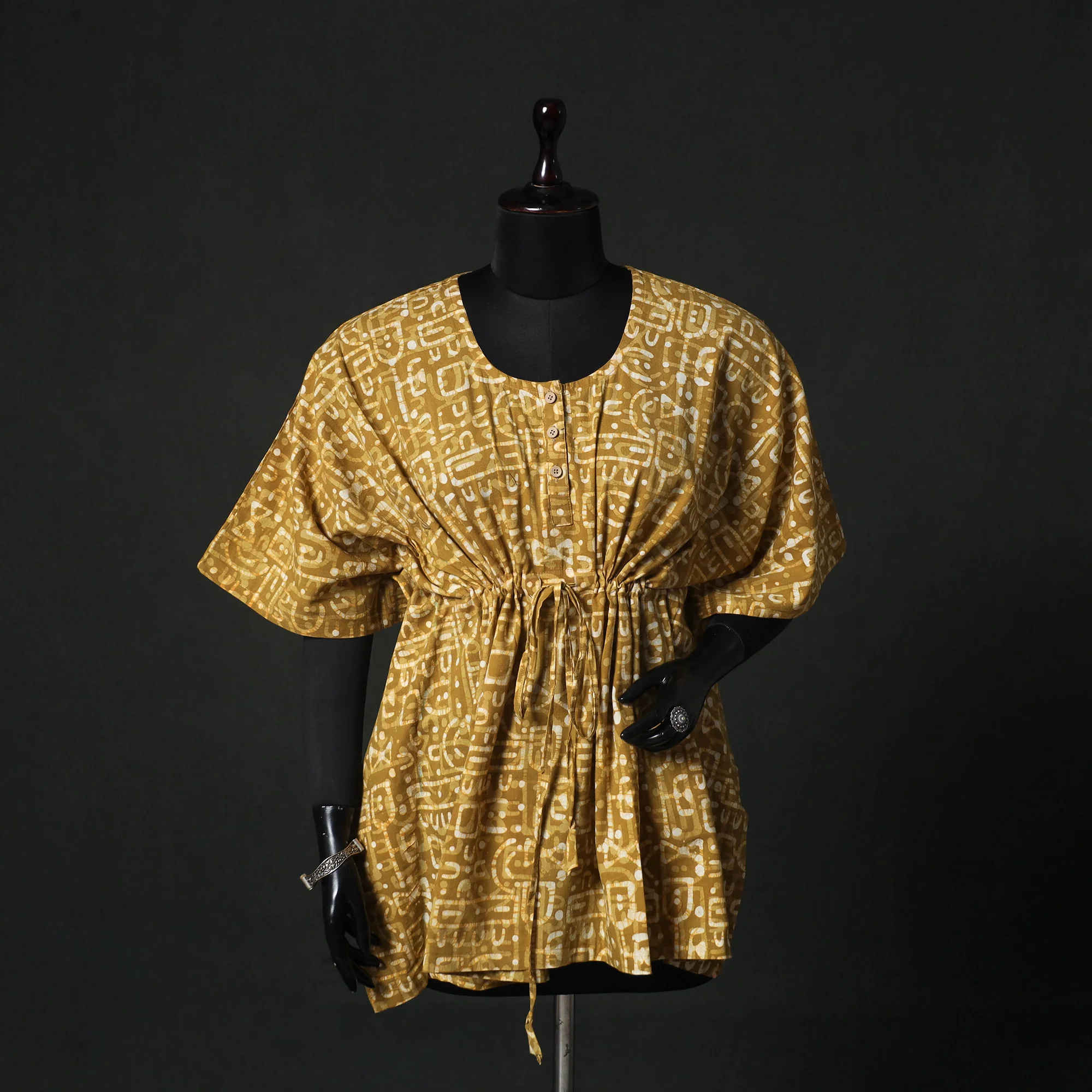 Yellow - Hand Block Batik Print Cotton Kaftan (Short) 38