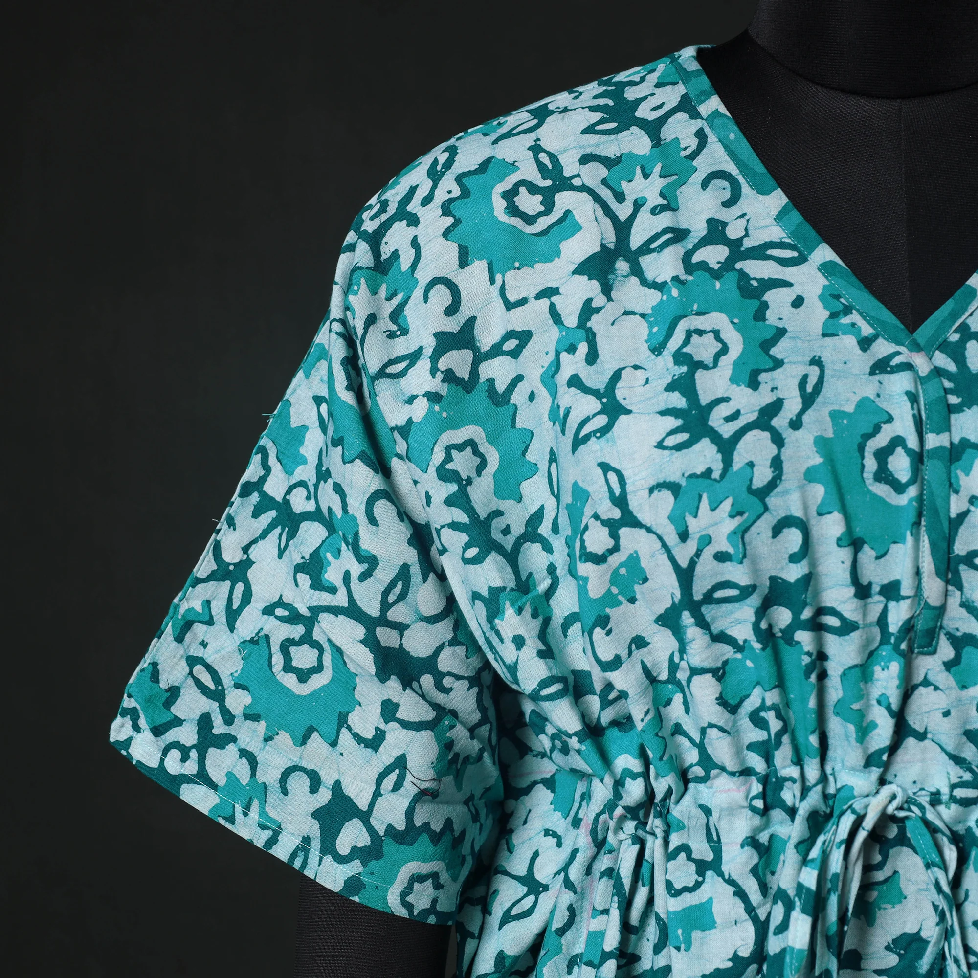 Green - Hand Block Batik Print Cotton Kaftan (Short) 40 - Image 4