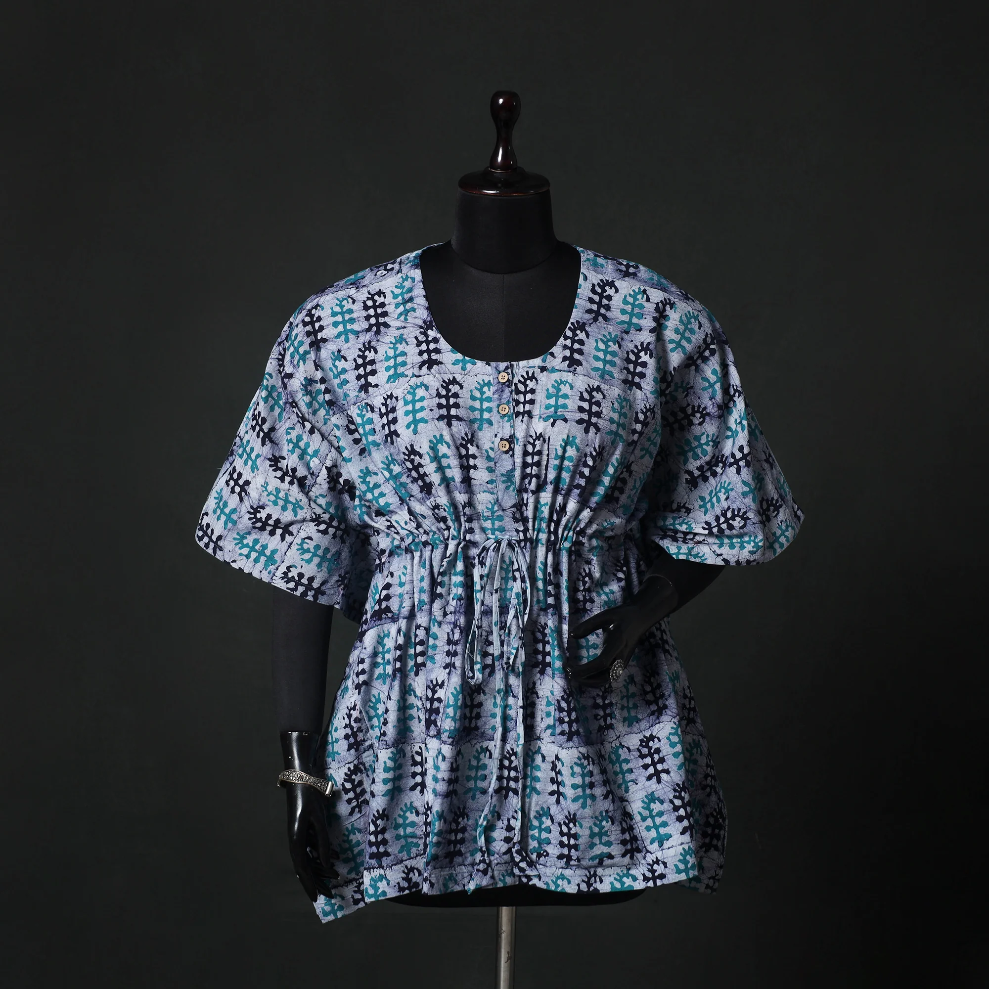 Blue - Hand Block Batik Print Cotton Kaftan (Short) 43