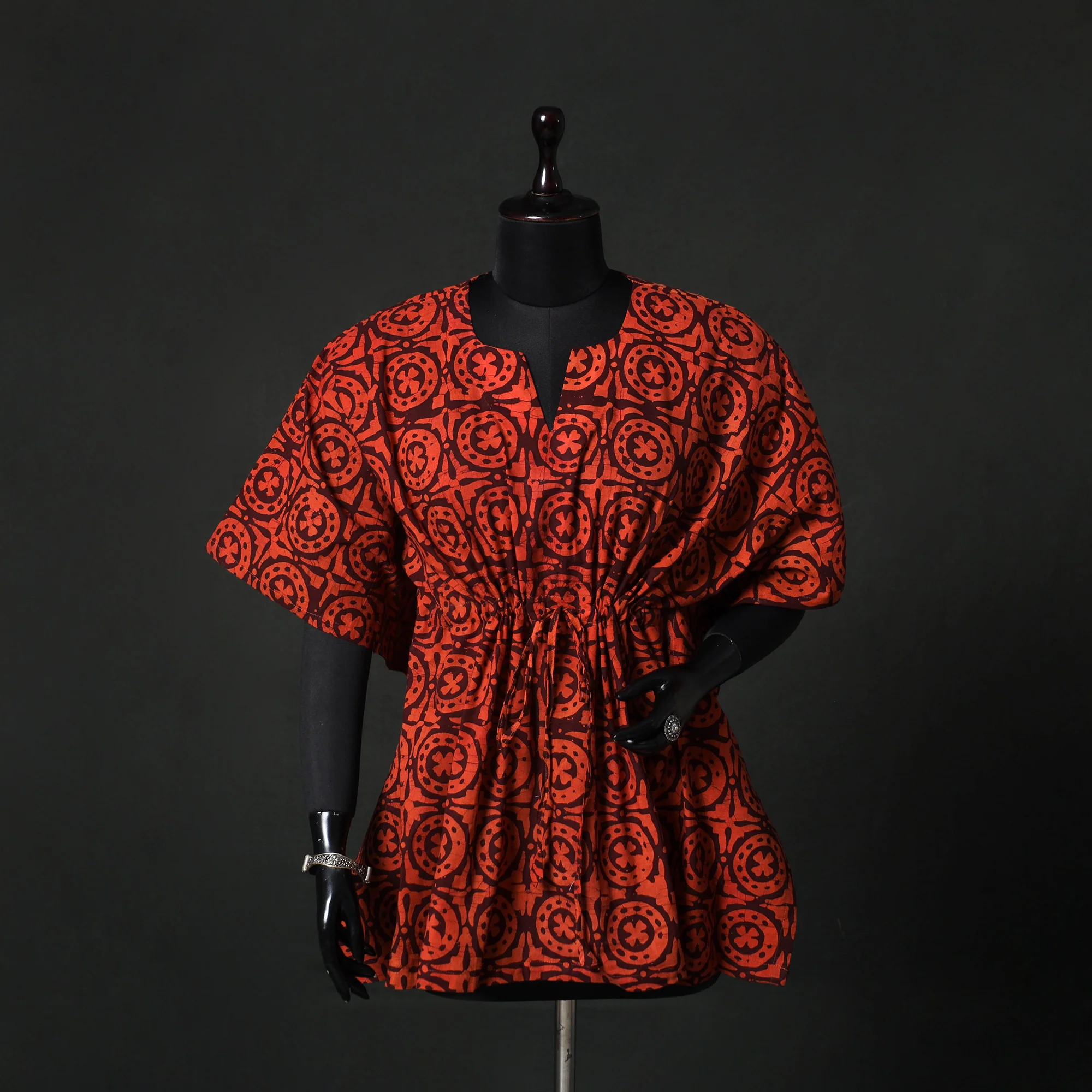 Red - Hand Block Batik Print Cotton Kaftan (Short) 46