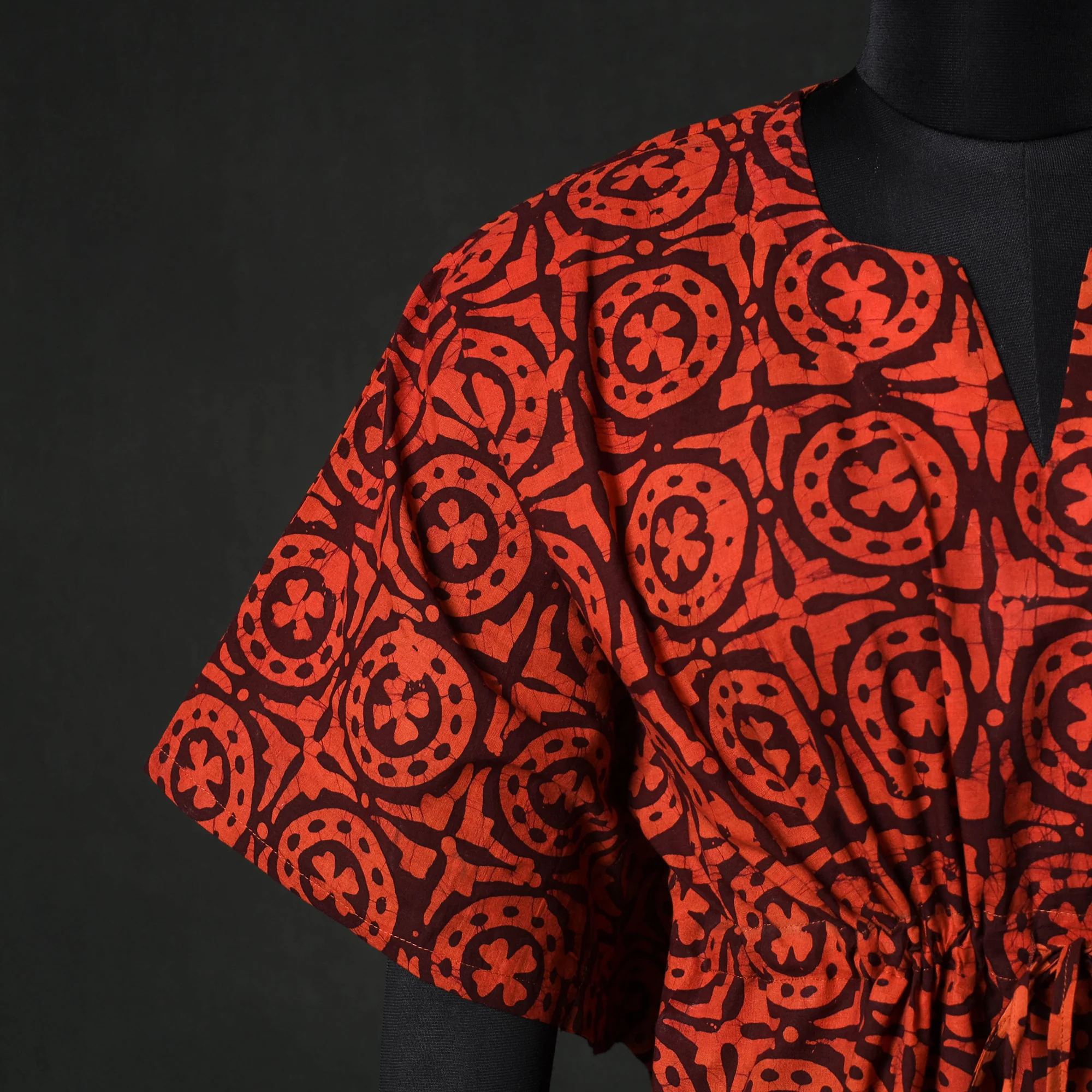 Red - Hand Block Batik Print Cotton Kaftan (Short) 46 - Image 3