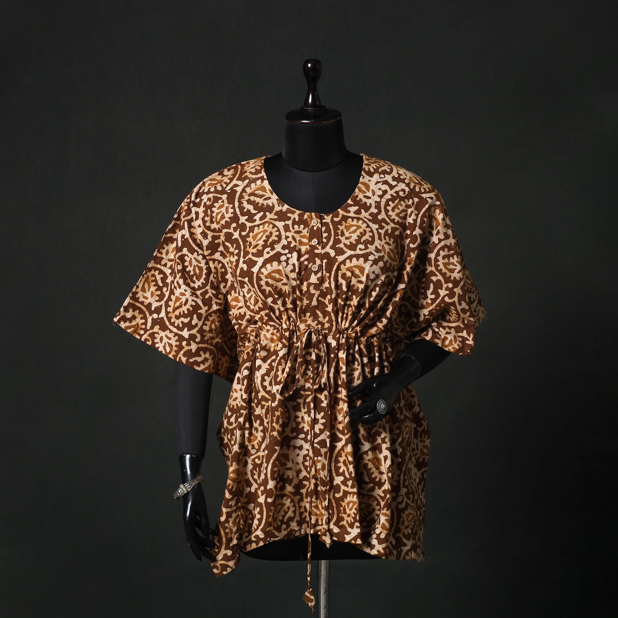 Brown - Hand Block Batik Print Cotton Kaftan (Short) 48
