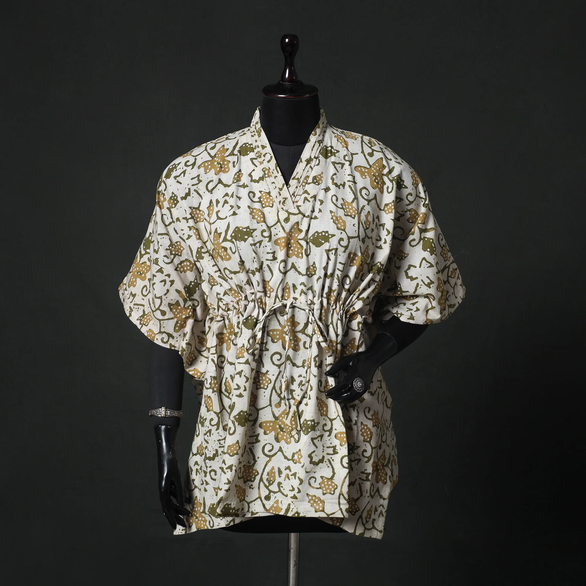 Beige - Hand Block Batik Print Cotton Kaftan (Short) 52