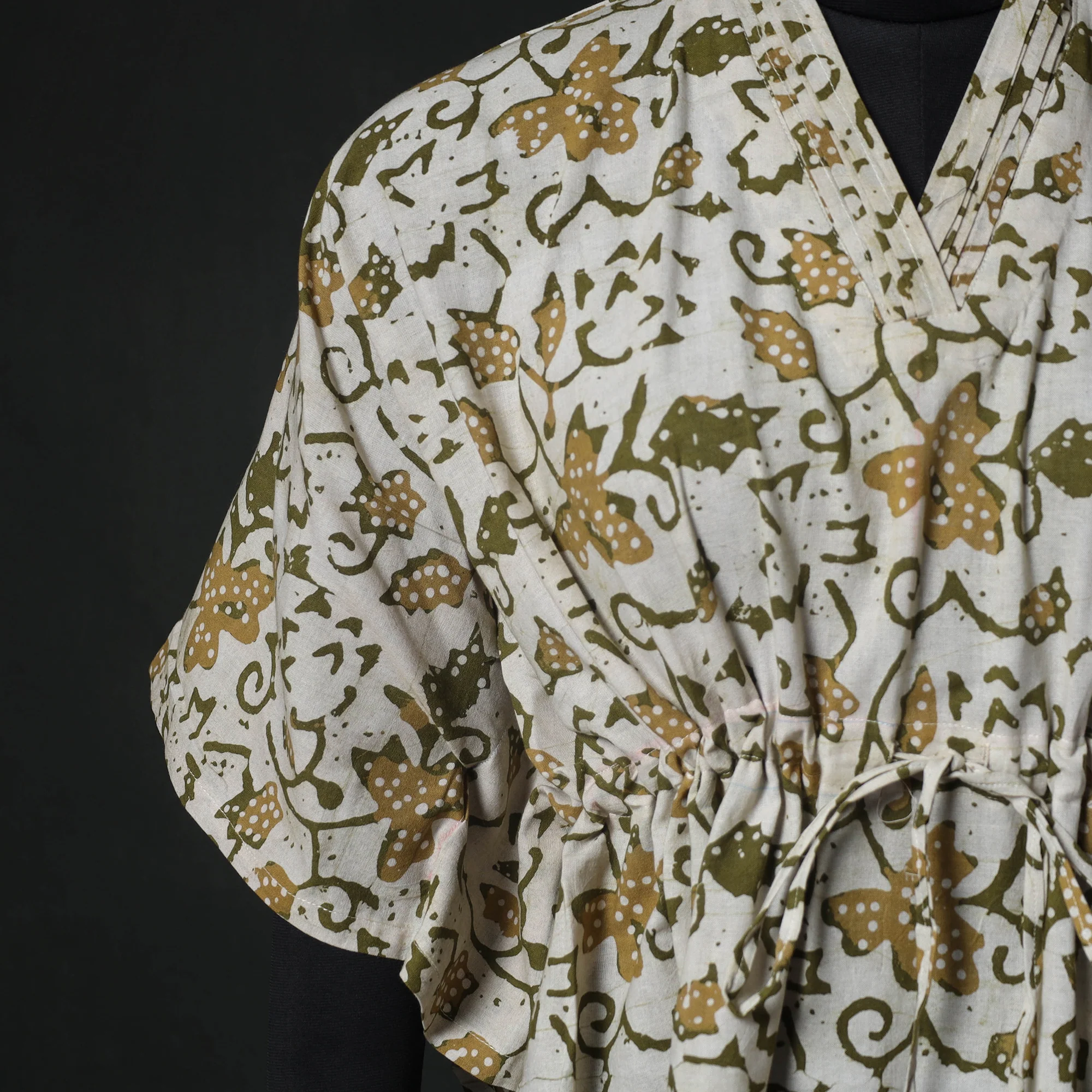 Beige - Hand Block Batik Print Cotton Kaftan (Short) 52 - Image 3