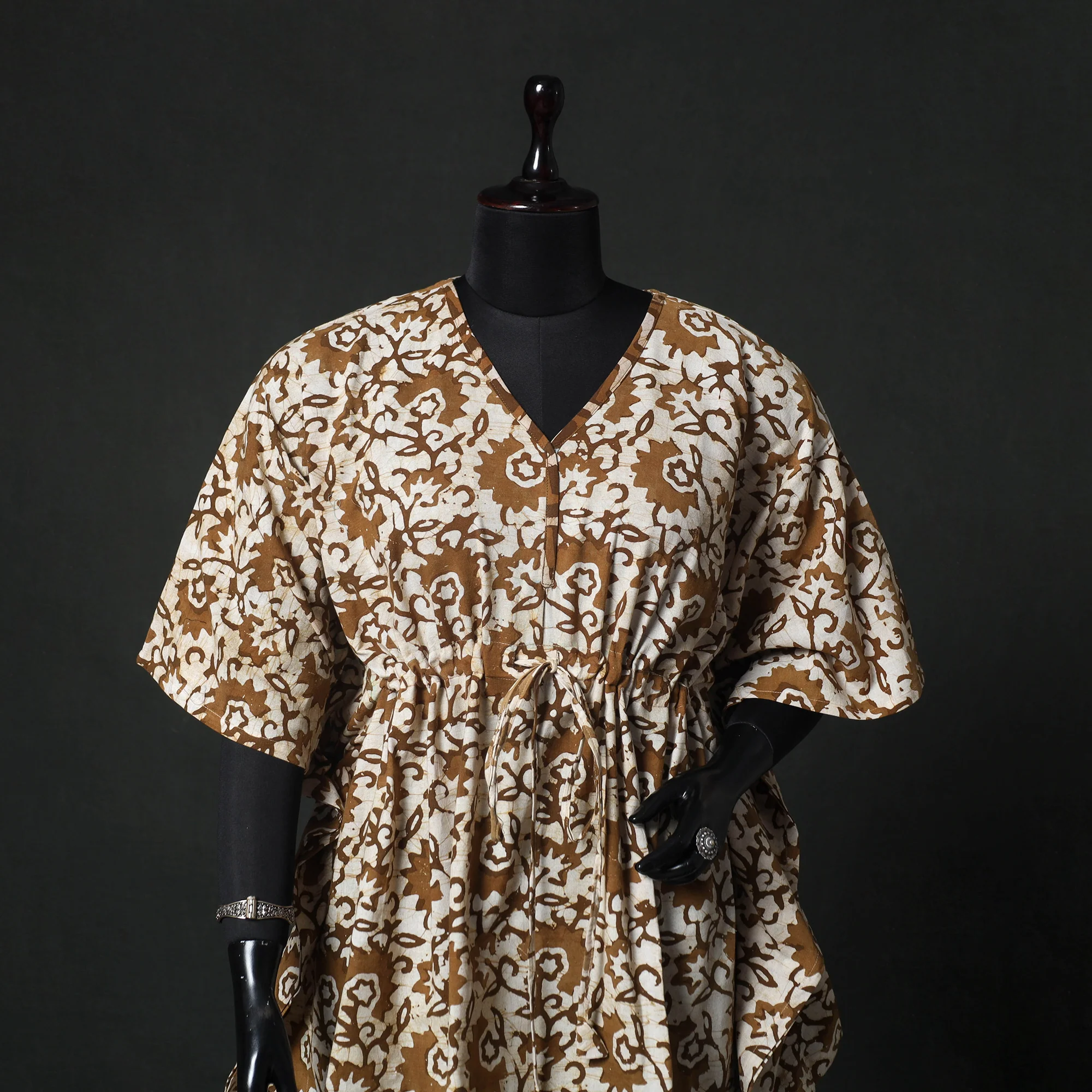 Brown - Hand Block Batik Print Cotton Kaftan (Short) 53 - Image 2