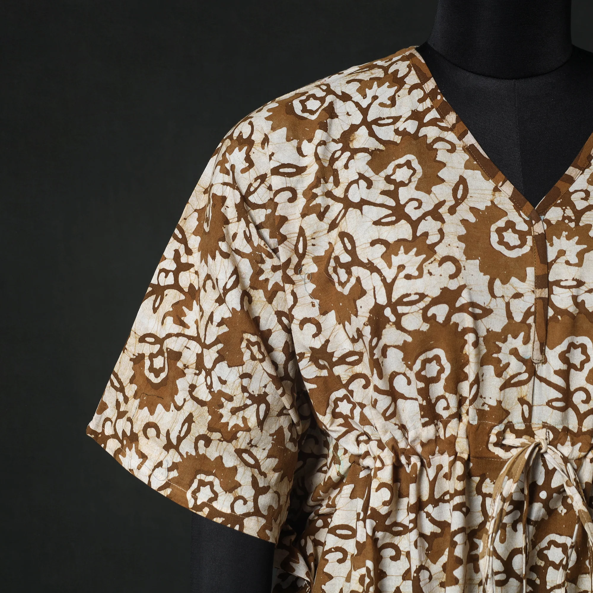 Brown - Hand Block Batik Print Cotton Kaftan (Short) 53 - Image 4