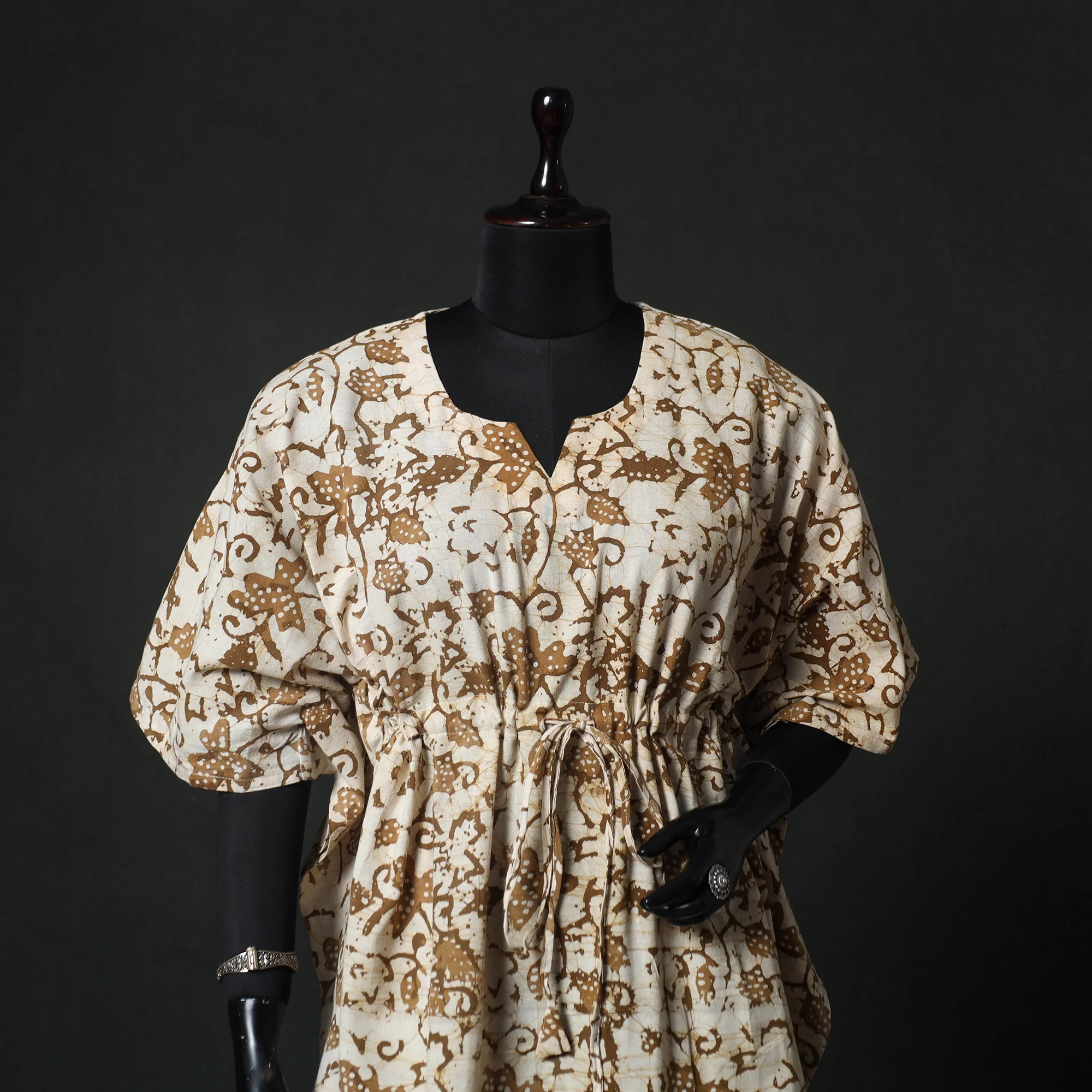 Beige - Hand Block Batik Print Cotton Kaftan (Short) 54 - Image 2