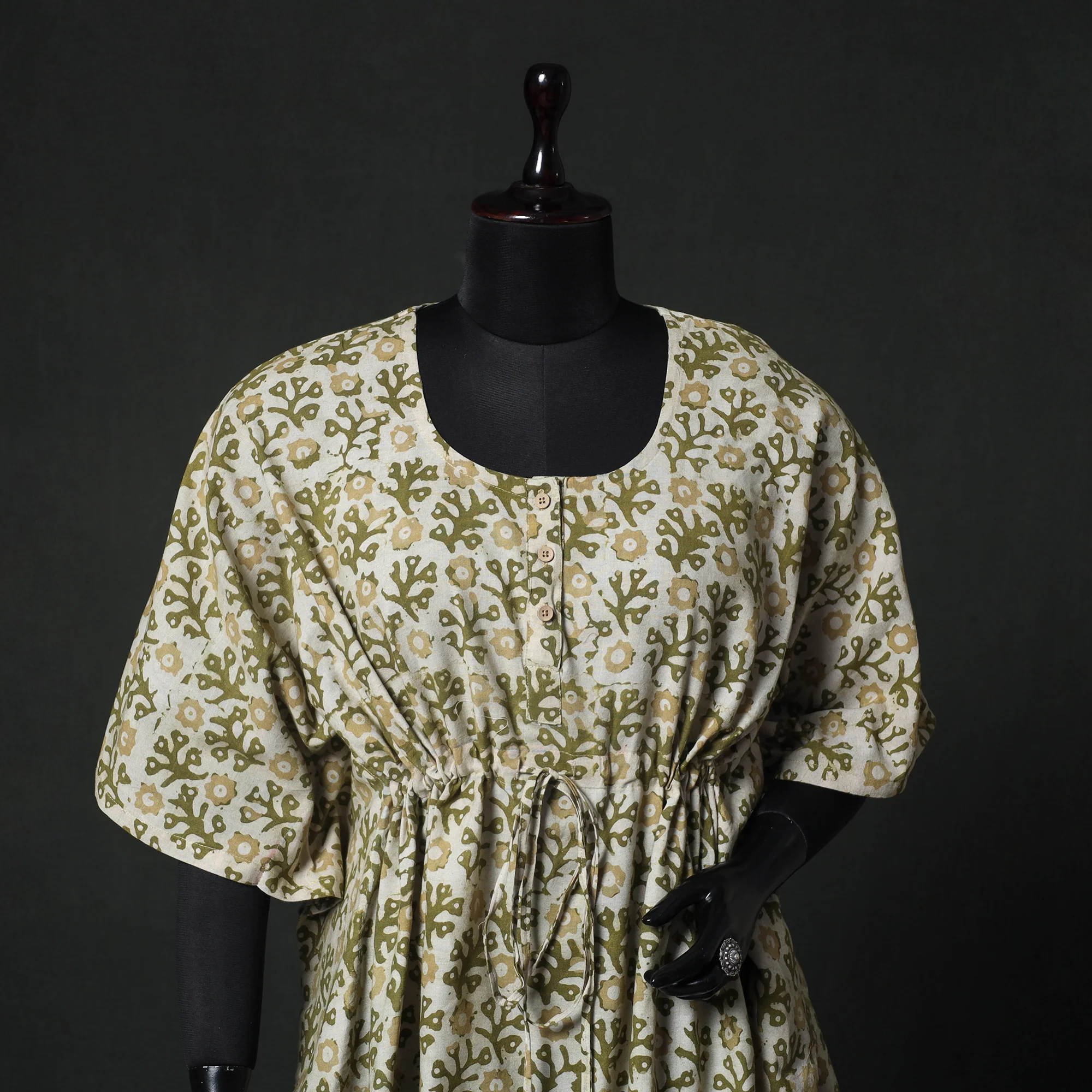 Green - Hand Block Batik Print Cotton Kaftan (Short) 58 - Image 2