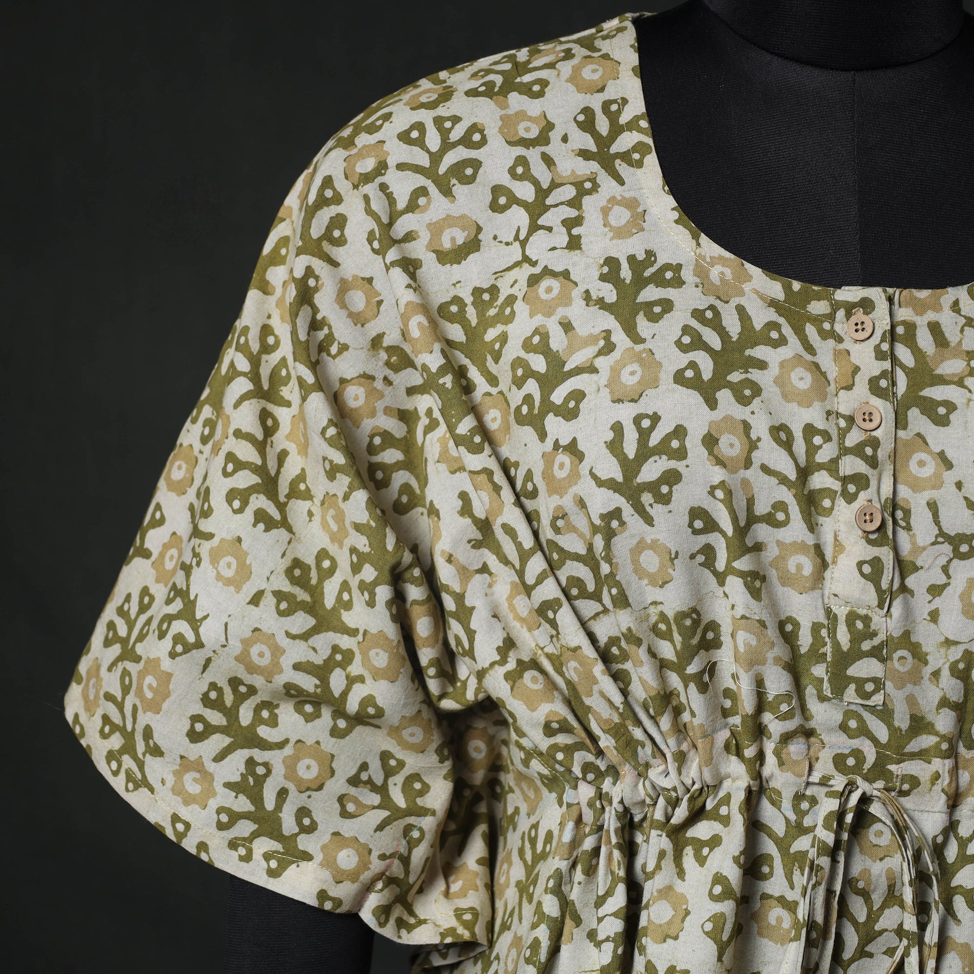 Green - Hand Block Batik Print Cotton Kaftan (Short) 58 - Image 4