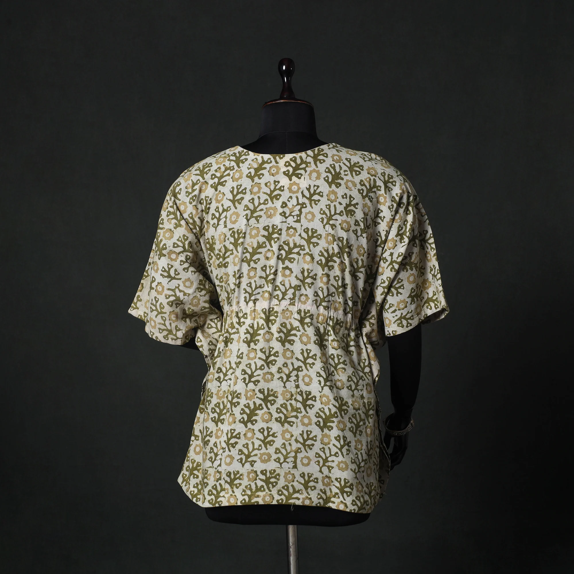 Green - Hand Block Batik Print Cotton Kaftan (Short) 58 - Image 5