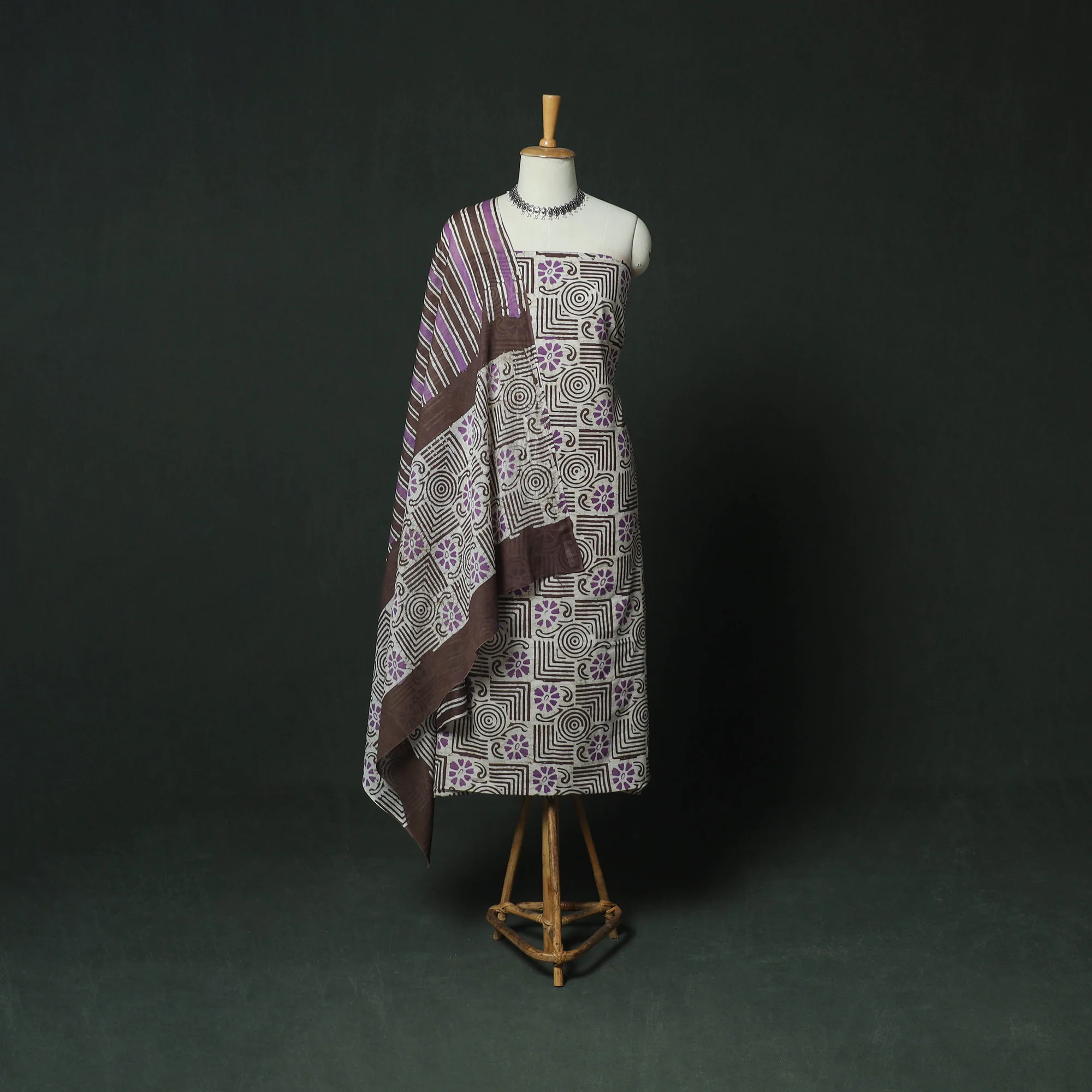 Hand Block Kutch Batik Print Cotton 3pc Unstitched Dress Material Suit Set 01