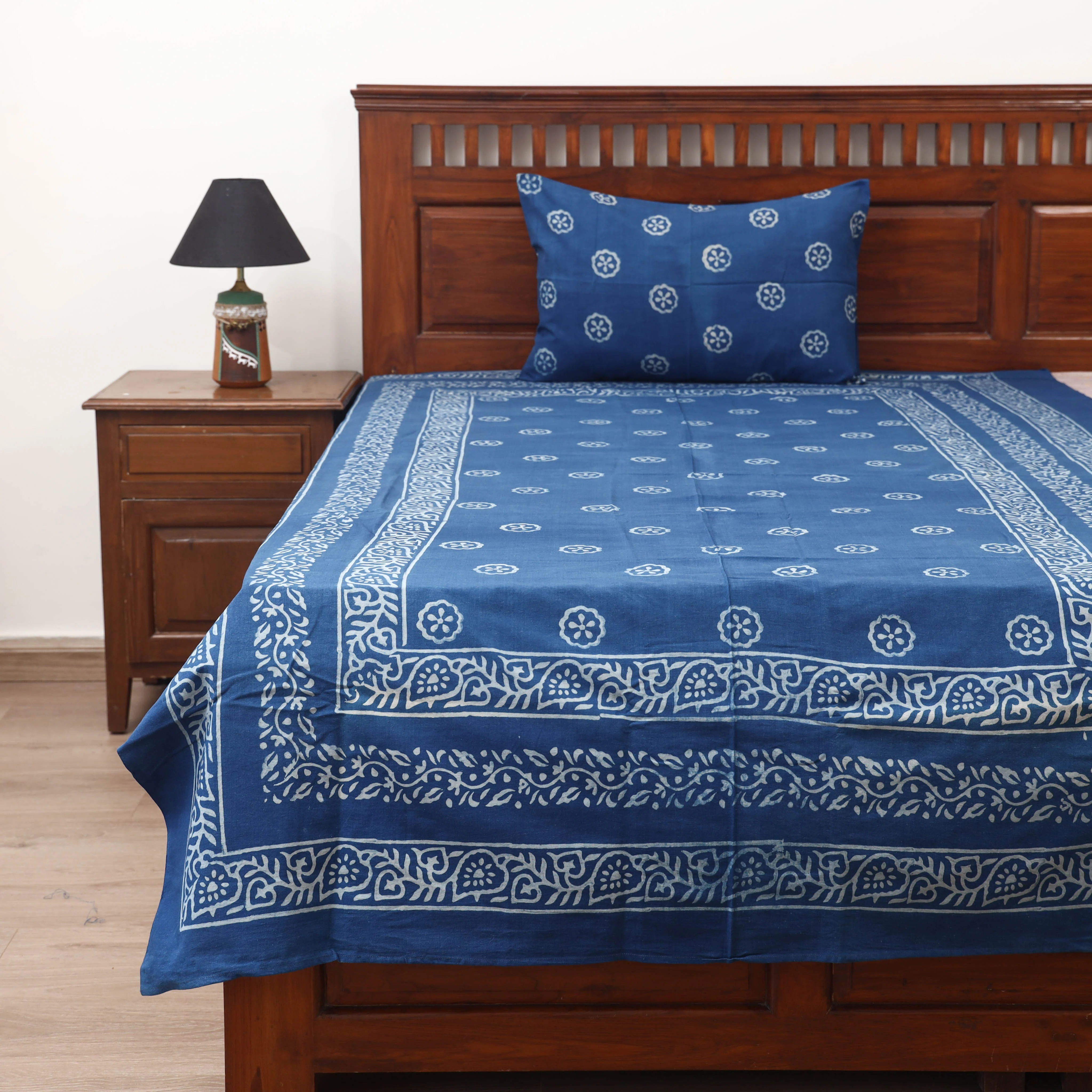 Blue - Hand Block Print Jhiri Pure Handloom Natural Dyed Cotton Single Akola Bedsheet Set (90 x 60 in) 04