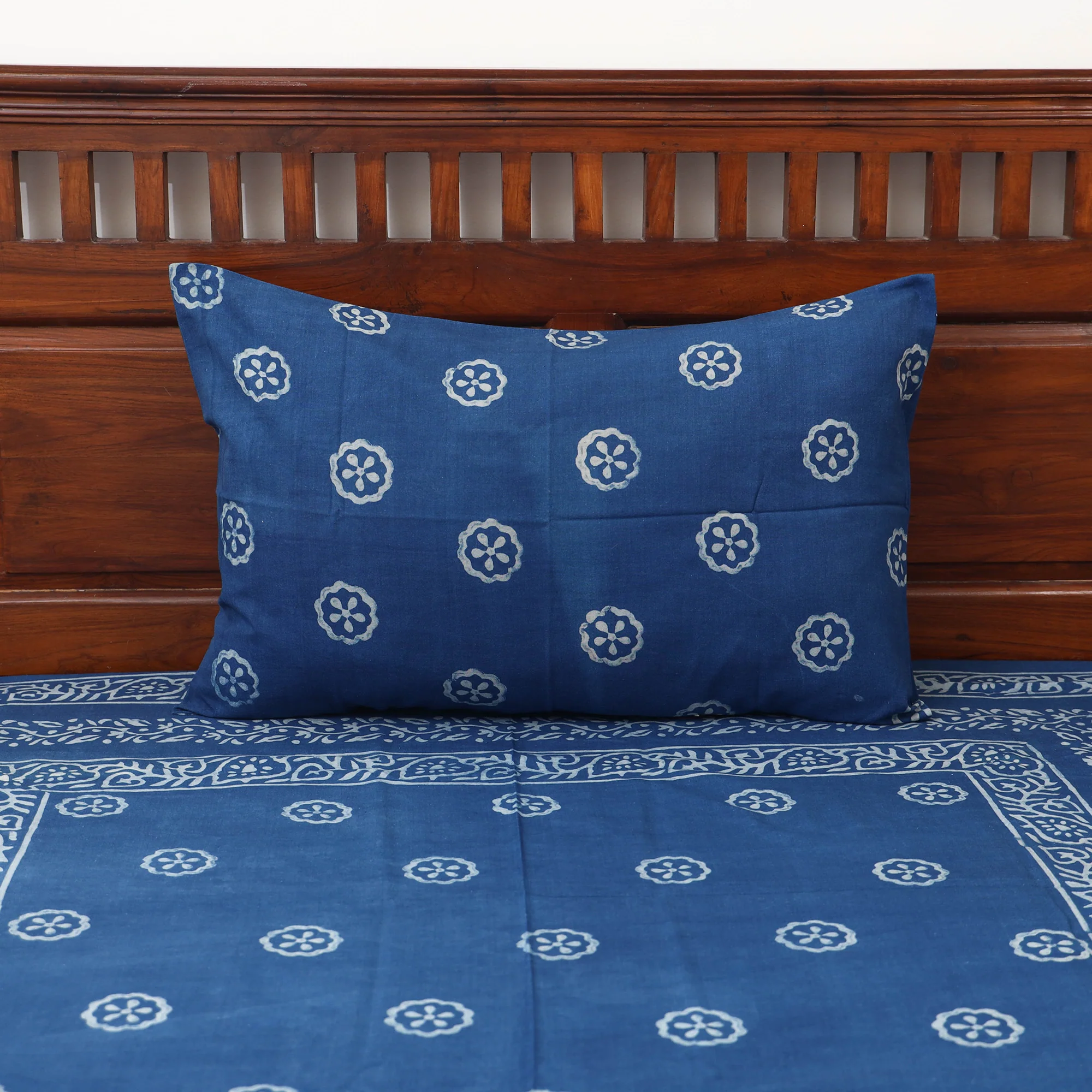 Blue - Hand Block Print Jhiri Pure Handloom Natural Dyed Cotton Single Akola Bedsheet Set (90 x 60 in) 04 - Image 2