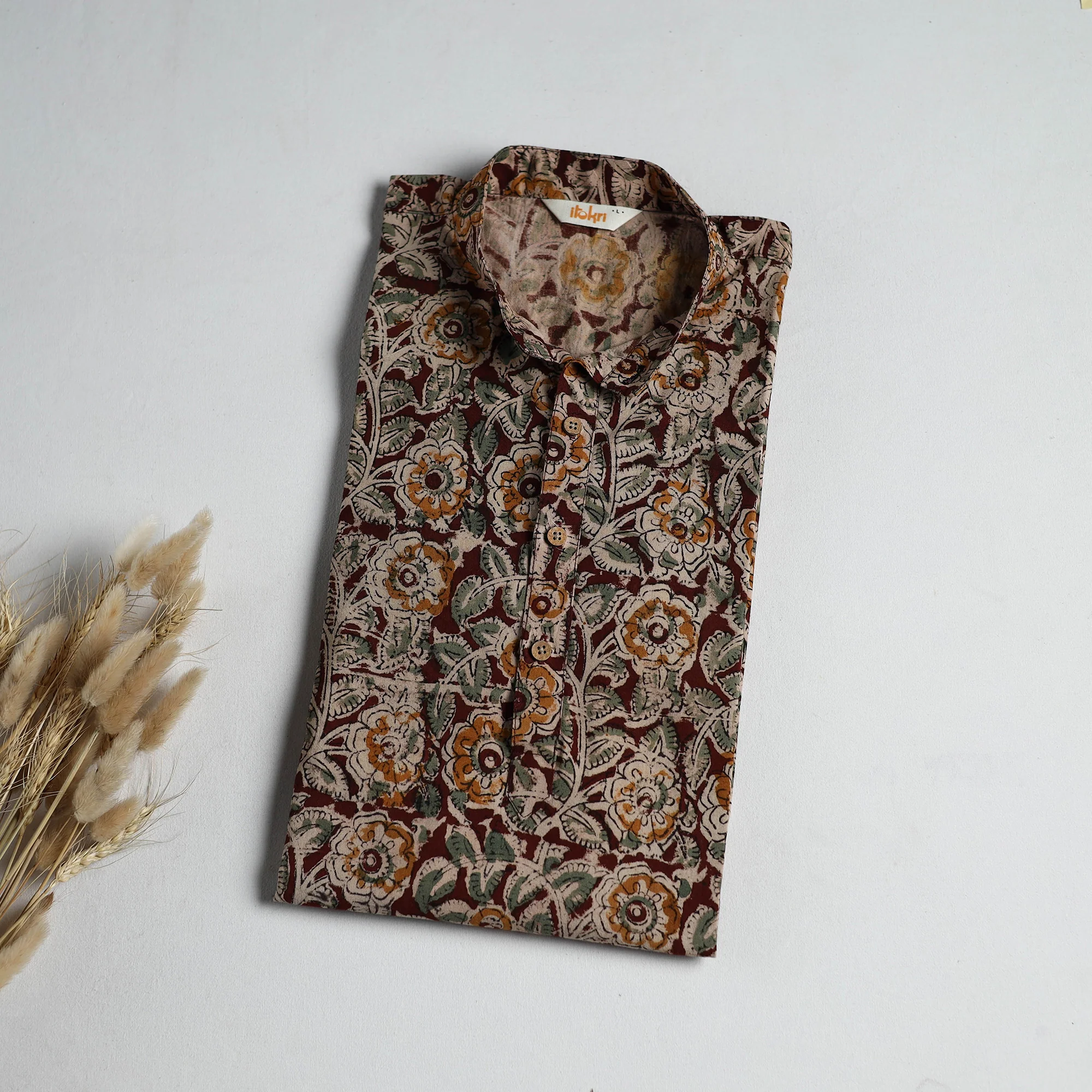 Hand Block Print Natural Dyed Cotton Long Kalamkari Kurta for Men 11