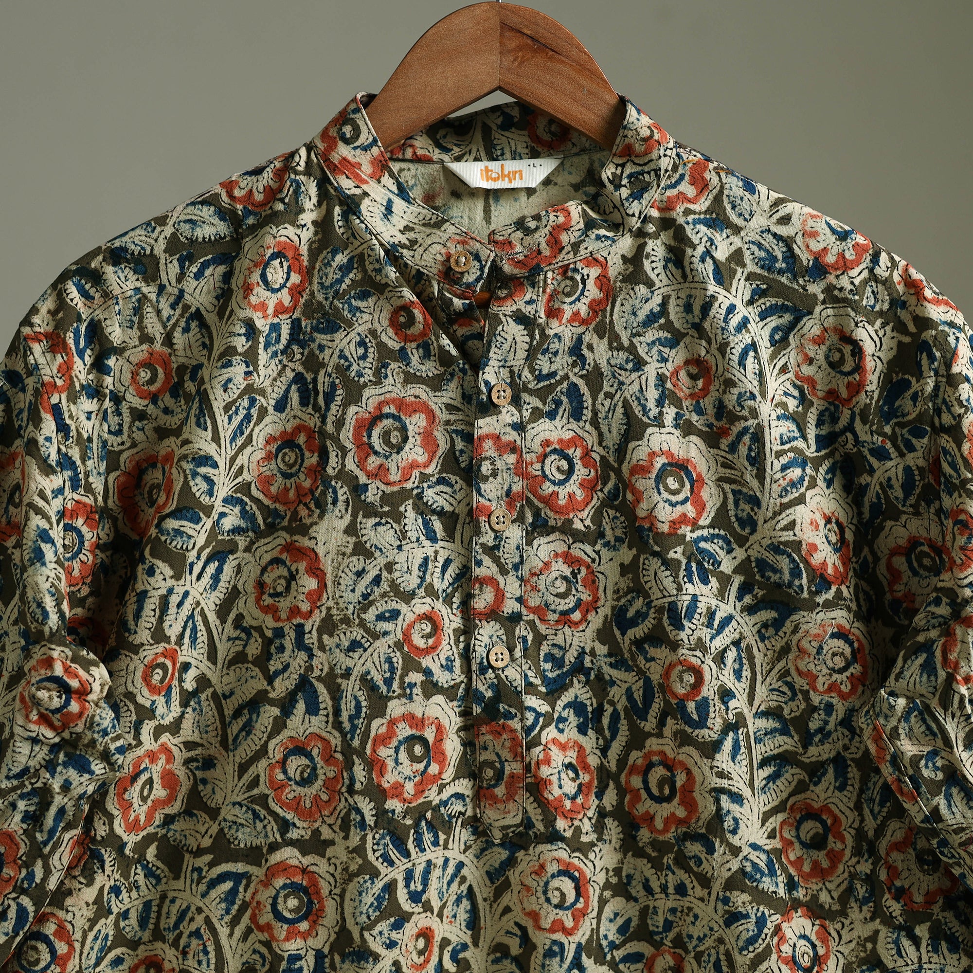 Hand Block Print Natural Dyed Cotton Long Kalamkari Kurta for Men 12 - Image 3