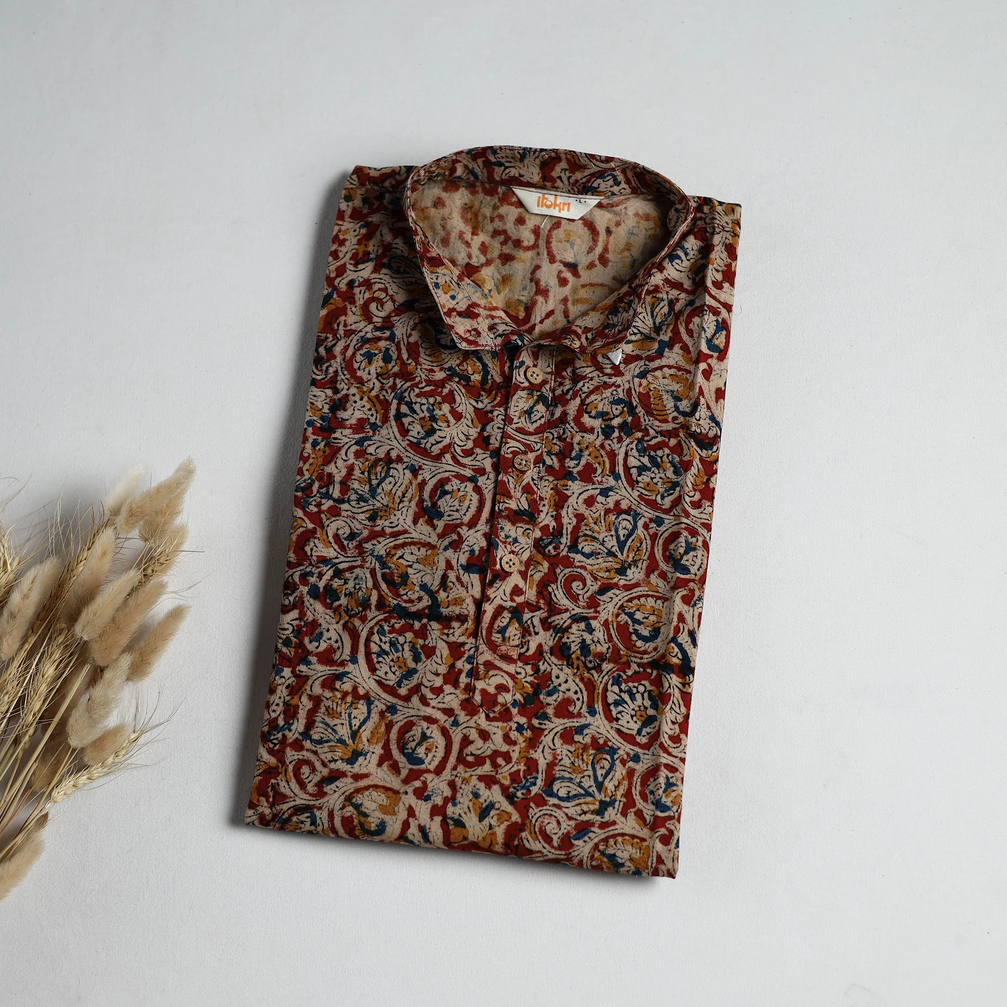 Hand Block Print Natural Dyed Cotton Long Kalamkari Kurta for Men 13